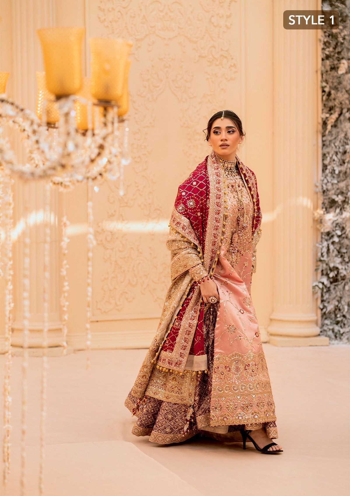 WEDDING FESTIVE 25 VOL. 1 - LOOK 03 Pink LONG SHIRT WITH GHARARA,LONG SHIRT WITH IZAAR PANTS For Wedding Events - Pakistani Designer Wear for Women in UK | Kifat