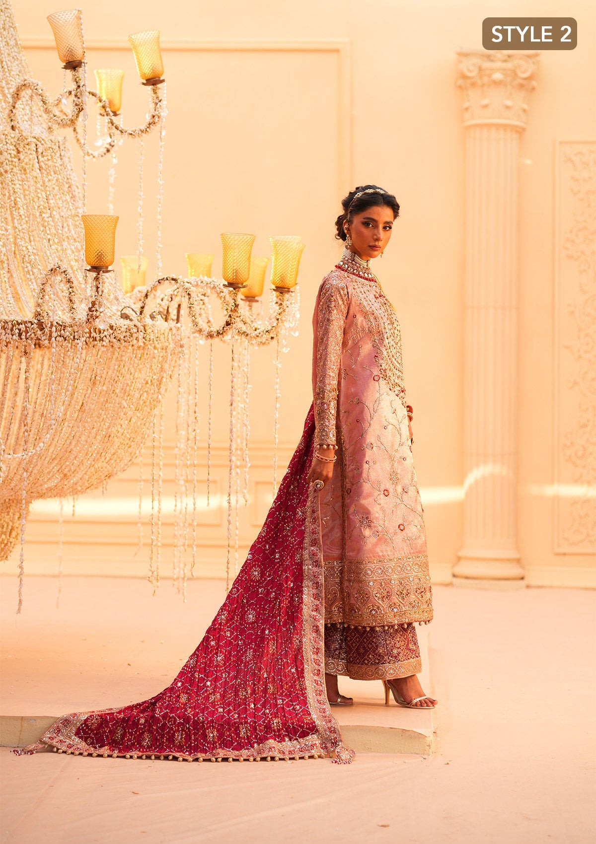 WEDDING FESTIVE 25 VOL. 1 - LOOK 03 Pink LONG SHIRT WITH GHARARA,LONG SHIRT WITH IZAAR PANTS For Wedding Events - Pakistani Designer Wear for Women in UK | Kifat