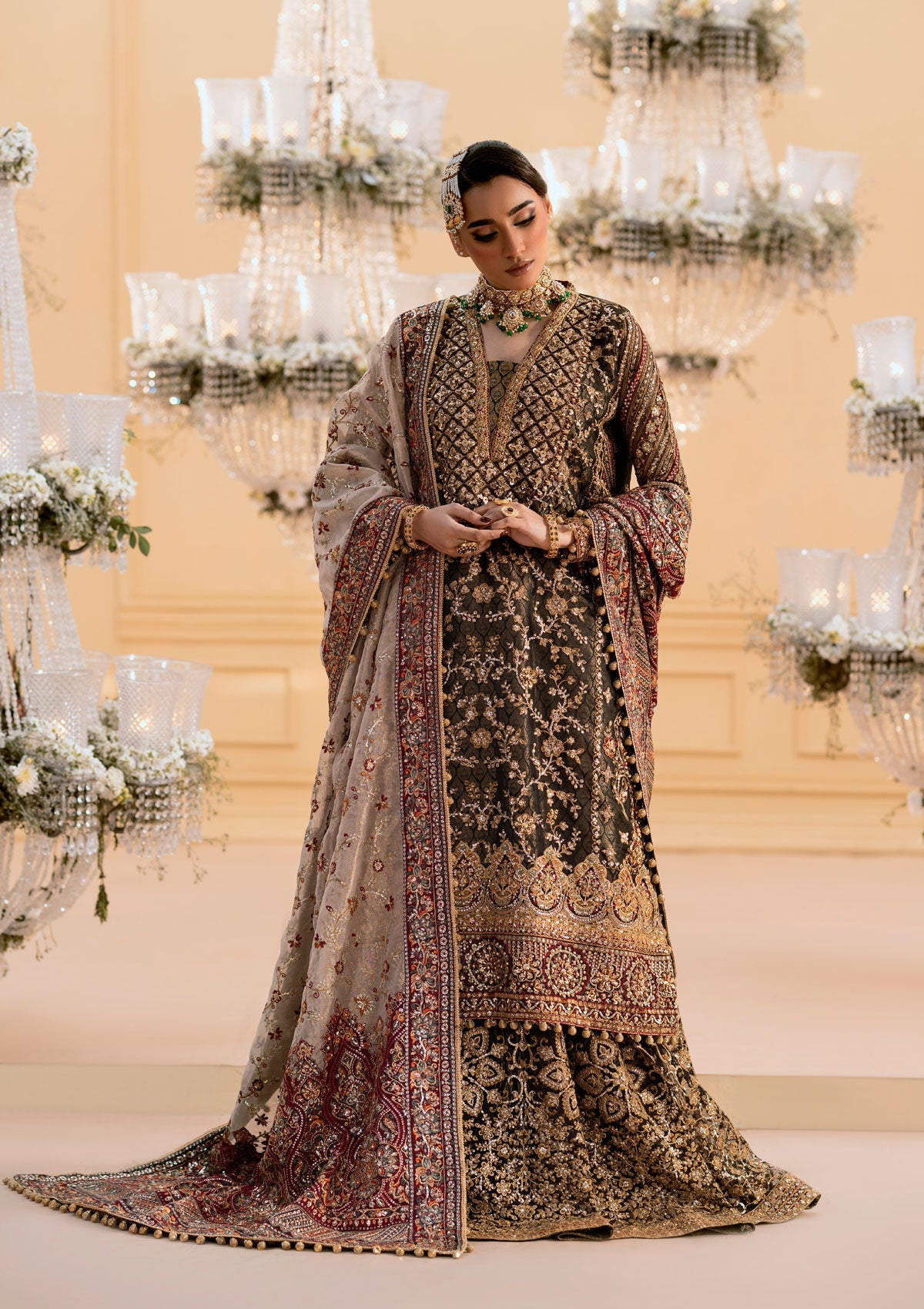 WEDDING FESTIVE 25 VOL. 1 - LOOK 04 Black LONG SHIRT WITH LEHNGA,LONG SHIRT WITH GHARARA For Wedding Events - Pakistani Designer Wear for Women in UK | Kifat
