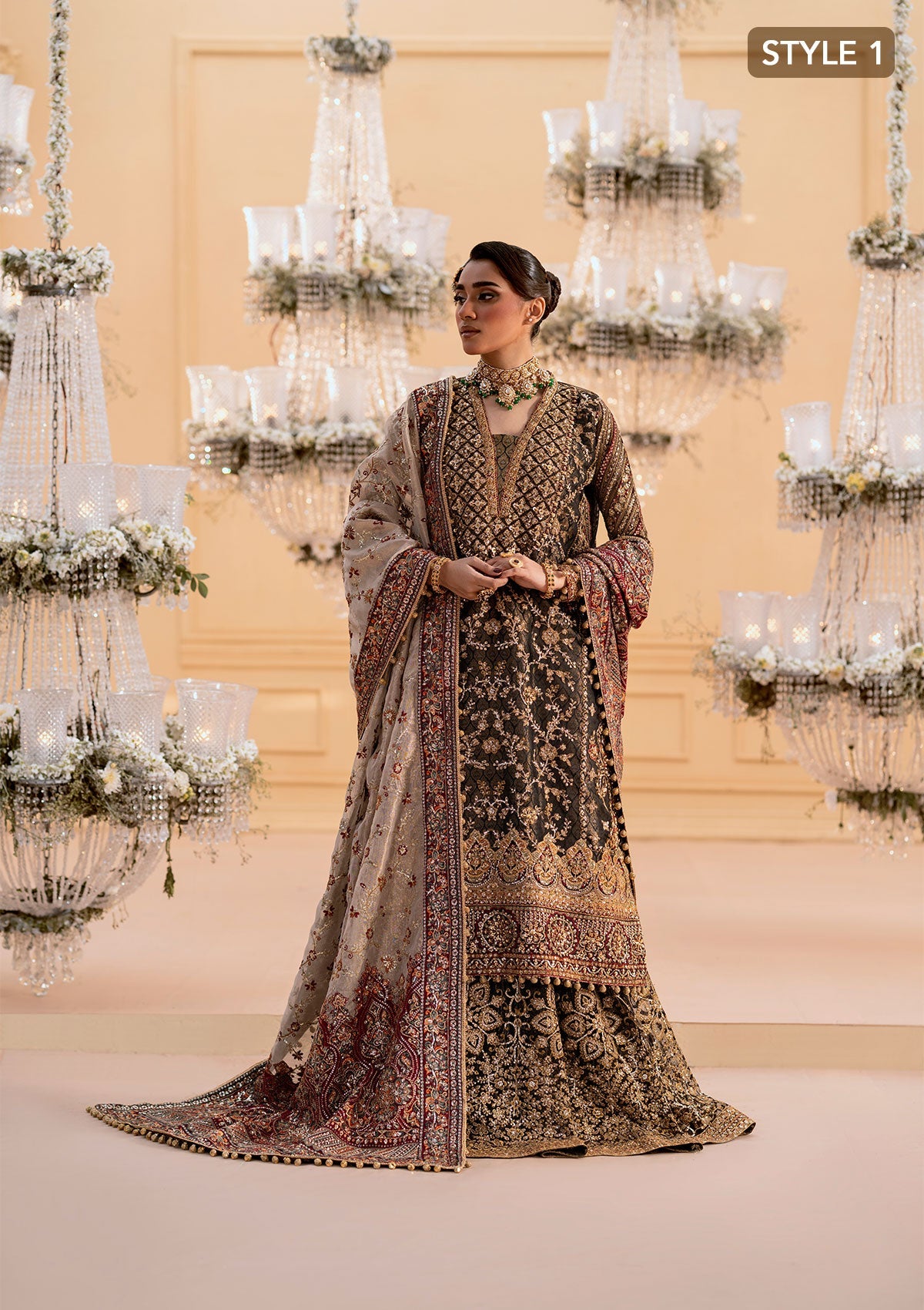 WEDDING FESTIVE 25 VOL. 1 - LOOK 04 Black LONG SHIRT WITH LEHNGA,LONG SHIRT WITH GHARARA For Wedding Events - Pakistani Designer Wear for Women in UK | Kifat