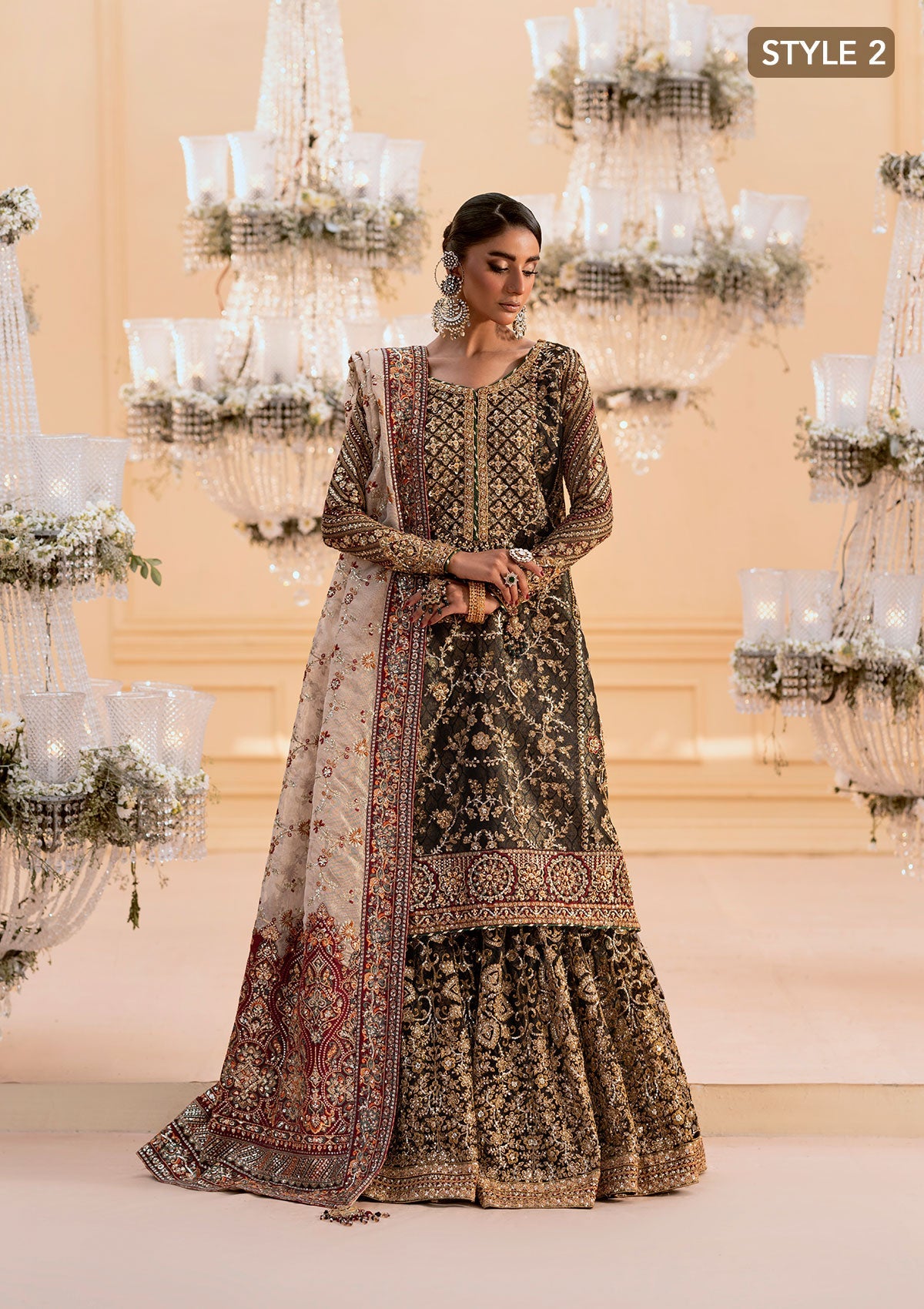 WEDDING FESTIVE 25 VOL. 1 - LOOK 04 Black LONG SHIRT WITH LEHNGA,LONG SHIRT WITH GHARARA For Wedding Events - Pakistani Designer Wear for Women in UK | Kifat