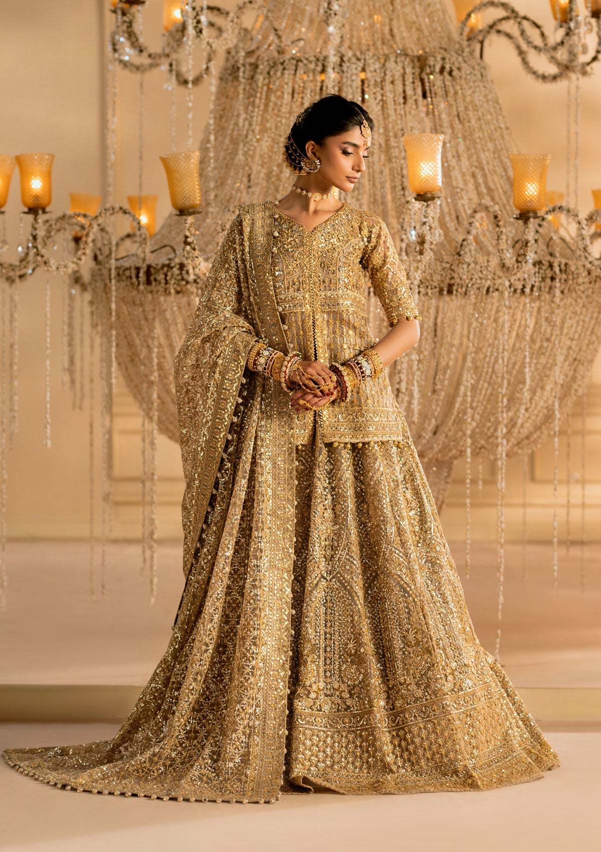WEDDING FESTIVE 25 VOL. 1 - LOOK 05 Gold KALIDAR WITH CRUSHED SKIRT,KURTI WITH LEHNGA For Wedding Events - Pakistani Designer Wear for Women in UK | Kifat
