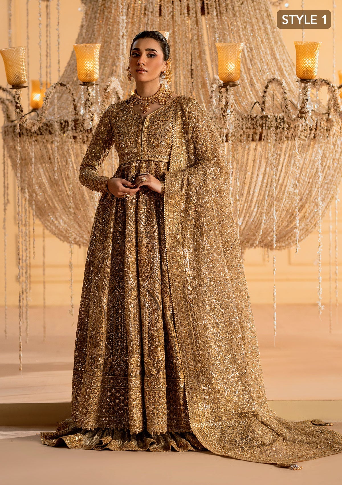 WEDDING FESTIVE 25 VOL. 1 - LOOK 05 Gold KALIDAR WITH CRUSHED SKIRT,KURTI WITH LEHNGA For Wedding Events - Pakistani Designer Wear for Women in UK | Kifat