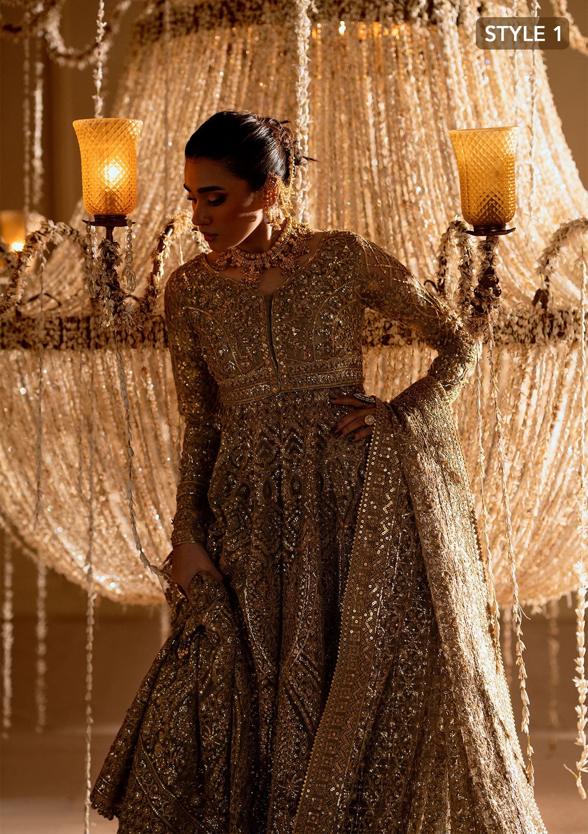 WEDDING FESTIVE 25 VOL. 1 - LOOK 05 Gold KALIDAR WITH CRUSHED SKIRT,KURTI WITH LEHNGA For Wedding Events - Pakistani Designer Wear for Women in UK | Kifat