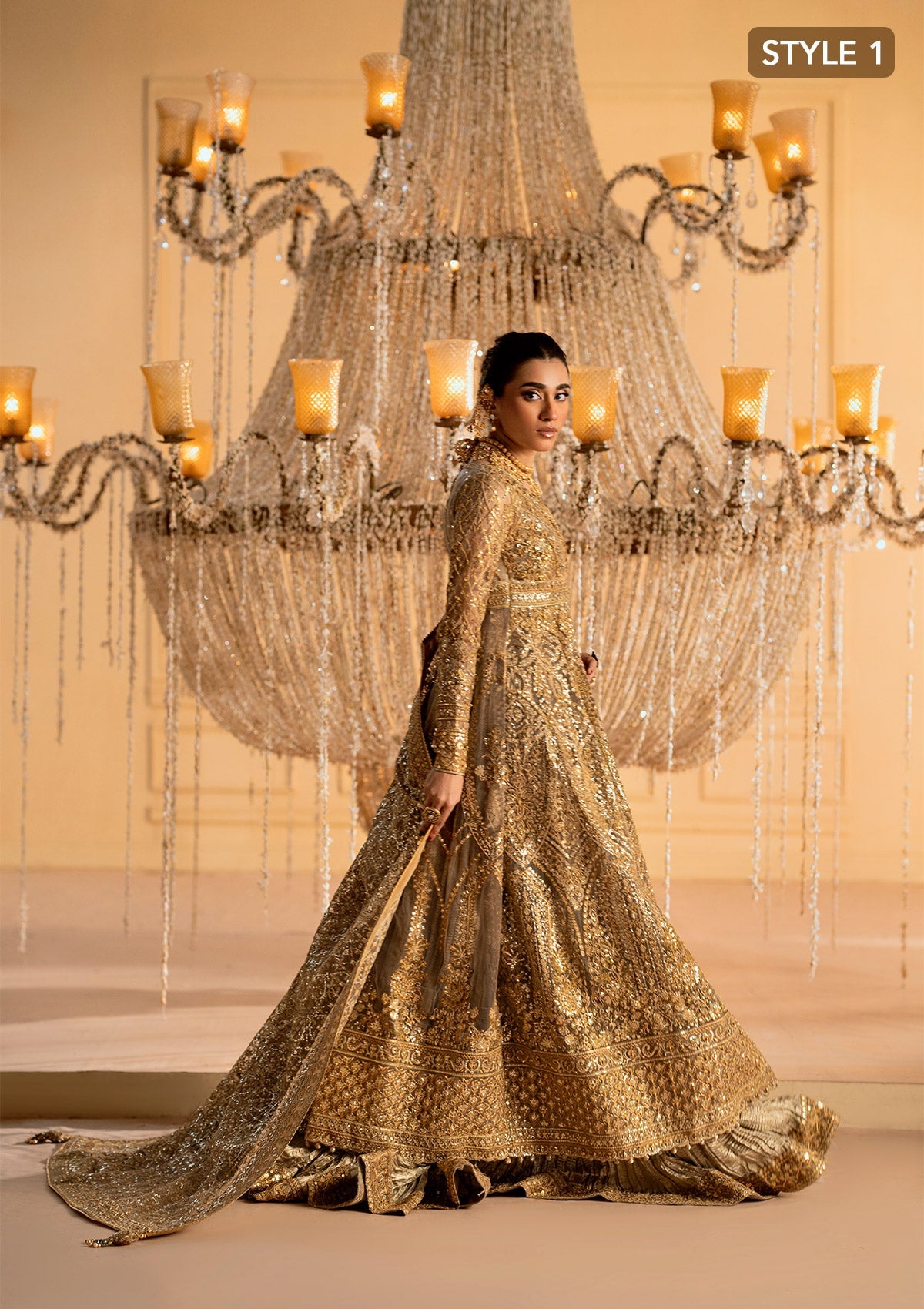WEDDING FESTIVE 25 VOL. 1 - LOOK 05 Gold KALIDAR WITH CRUSHED SKIRT,KURTI WITH LEHNGA For Wedding Events - Pakistani Designer Wear for Women in UK | Kifat