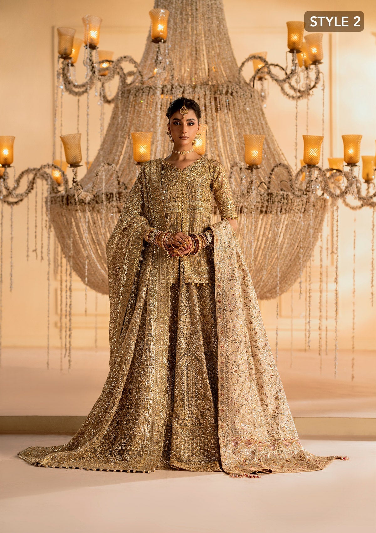 WEDDING FESTIVE 25 VOL. 1 - LOOK 05 Gold KALIDAR WITH CRUSHED SKIRT,KURTI WITH LEHNGA For Wedding Events - Pakistani Designer Wear for Women in UK | Kifat
