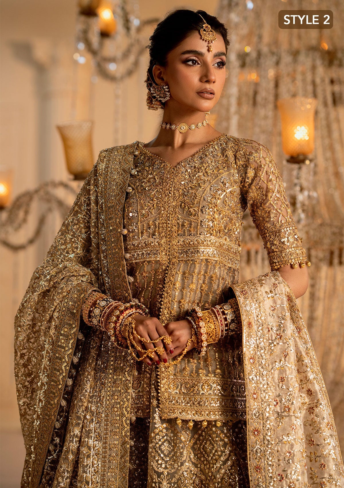 WEDDING FESTIVE 25 VOL. 1 - LOOK 05 Gold KALIDAR WITH CRUSHED SKIRT,KURTI WITH LEHNGA For Wedding Events - Pakistani Designer Wear for Women in UK | Kifat