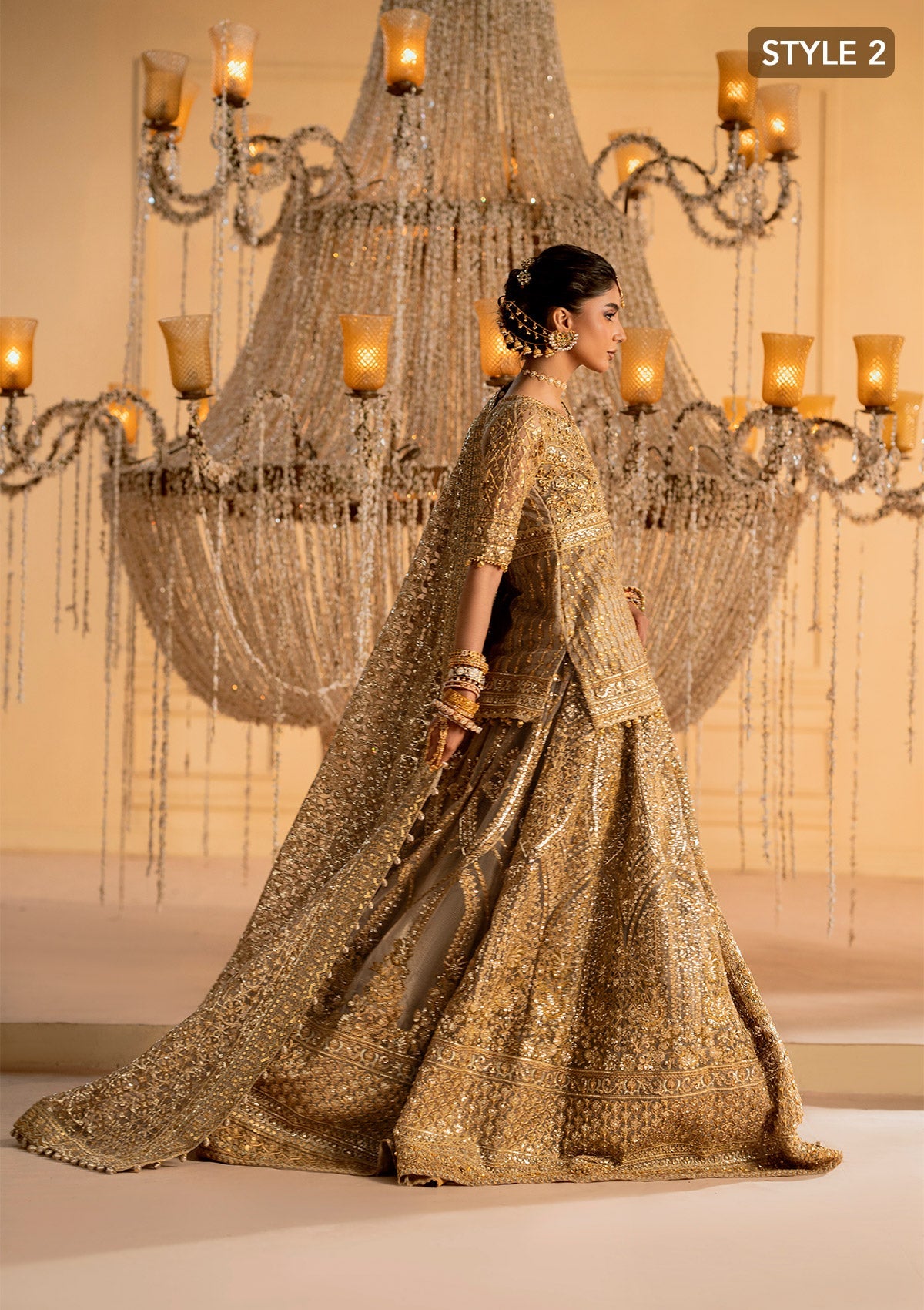 WEDDING FESTIVE 25 VOL. 1 - LOOK 05 Gold KALIDAR WITH CRUSHED SKIRT,KURTI WITH LEHNGA For Wedding Events - Pakistani Designer Wear for Women in UK | Kifat