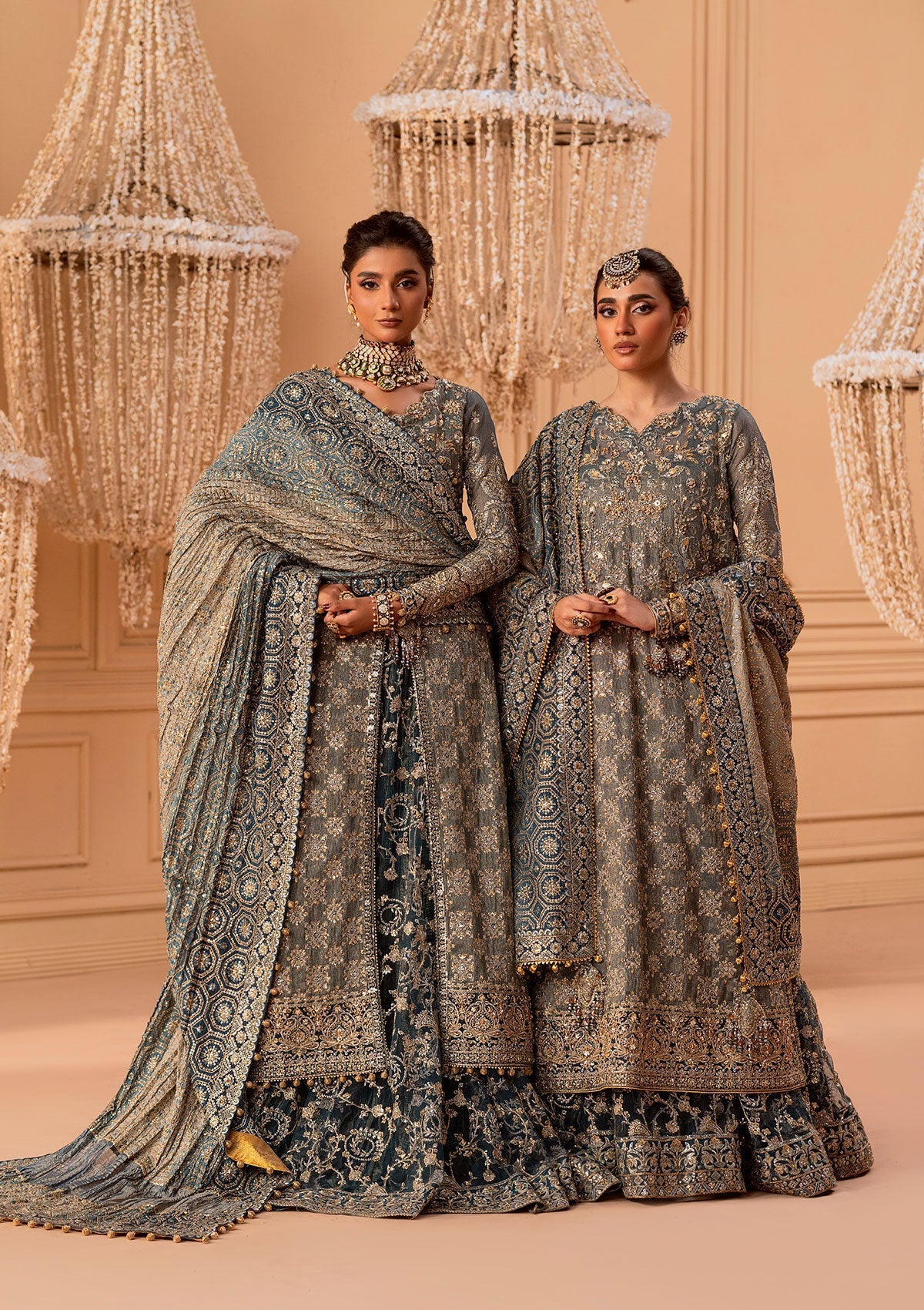 WEDDING FESTIVE 25 VOL. 1 - LOOK 06 Blue Teal SIDE SLIT SHIRT WITH CRUSHED FROCK,OPEN FRONT SHIRT WITH SKIRT For Wedding Events - Pakistani Designer Wear for Women in UK | Kifat