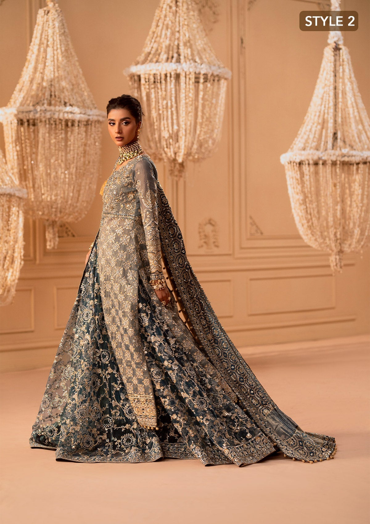 WEDDING FESTIVE 25 VOL. 1 - LOOK 06 Blue Teal SIDE SLIT SHIRT WITH CRUSHED FROCK,OPEN FRONT SHIRT WITH SKIRT For Wedding Events - Pakistani Designer Wear for Women in UK | Kifat