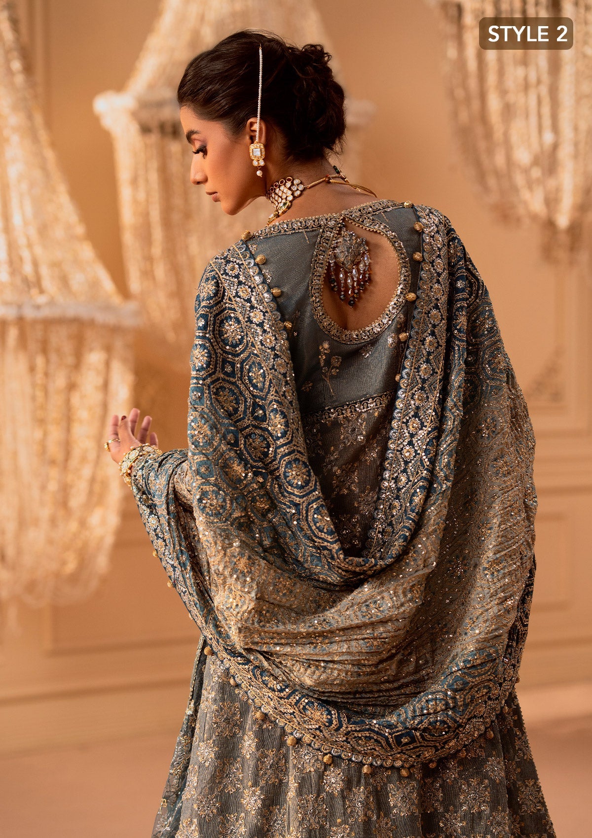 WEDDING FESTIVE 25 VOL. 1 - LOOK 06 Blue Teal SIDE SLIT SHIRT WITH CRUSHED FROCK,OPEN FRONT SHIRT WITH SKIRT For Wedding Events - Pakistani Designer Wear for Women in UK | Kifat