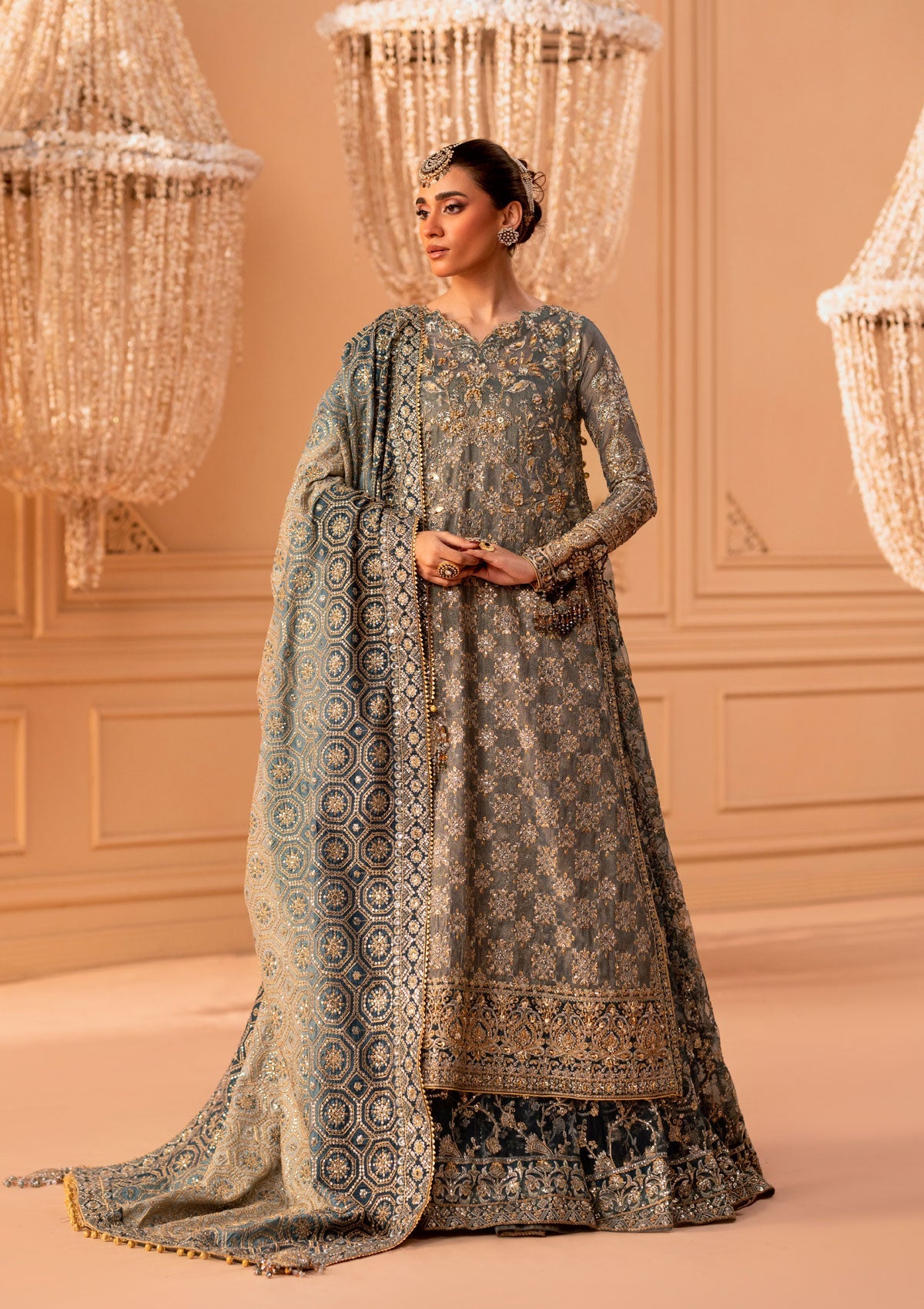 WEDDING FESTIVE 25 VOL. 1 - LOOK 06 Blue Teal SIDE SLIT SHIRT WITH CRUSHED FROCK,OPEN FRONT SHIRT WITH SKIRT For Wedding Events - Pakistani Designer Wear for Women in UK | Kifat
