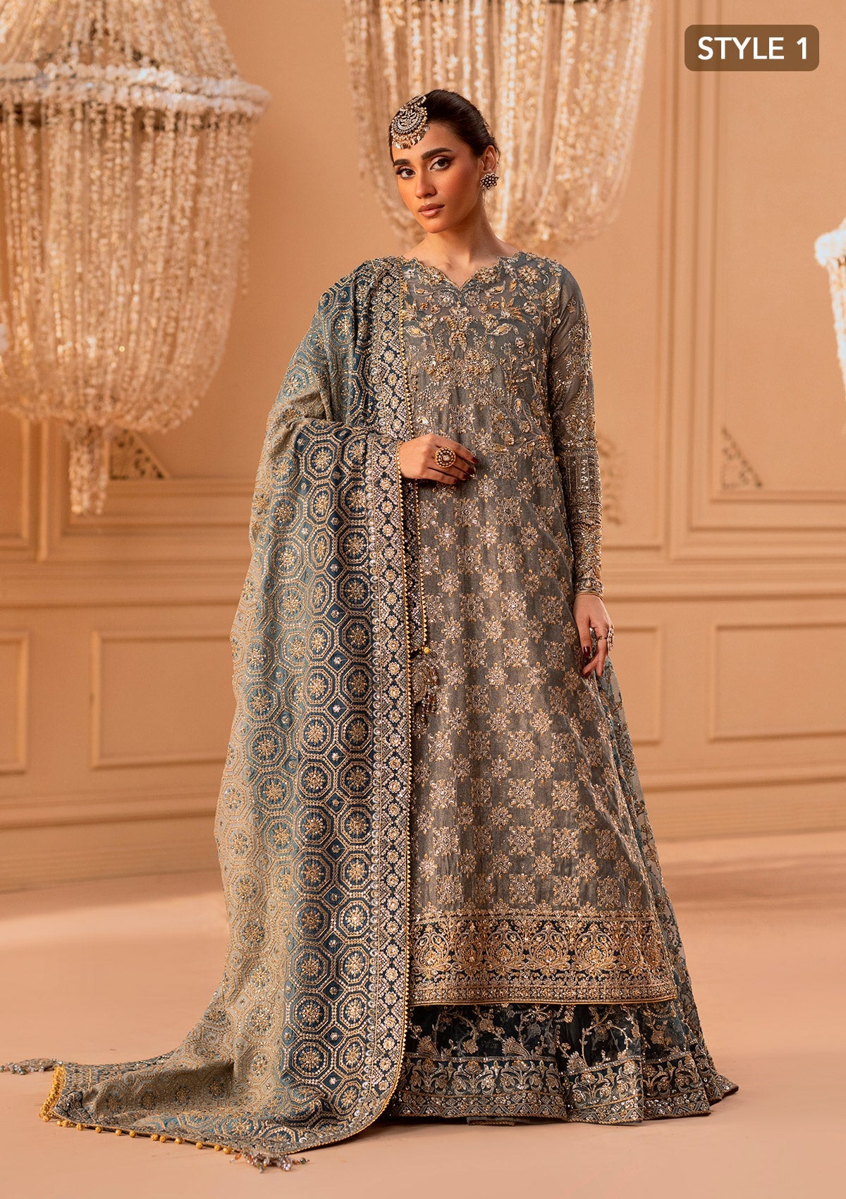WEDDING FESTIVE 25 VOL. 1 - LOOK 06 Blue Teal SIDE SLIT SHIRT WITH CRUSHED FROCK,OPEN FRONT SHIRT WITH SKIRT For Wedding Events - Pakistani Designer Wear for Women in UK | Kifat