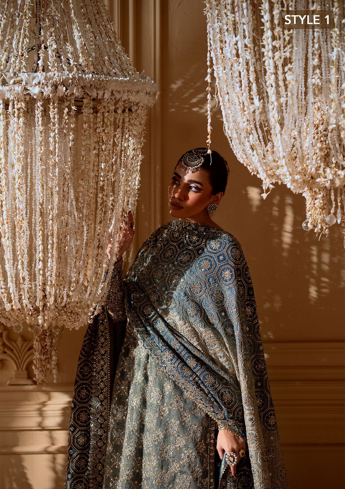 WEDDING FESTIVE 25 VOL. 1 - LOOK 06 Blue Teal SIDE SLIT SHIRT WITH CRUSHED FROCK,OPEN FRONT SHIRT WITH SKIRT For Wedding Events - Pakistani Designer Wear for Women in UK | Kifat