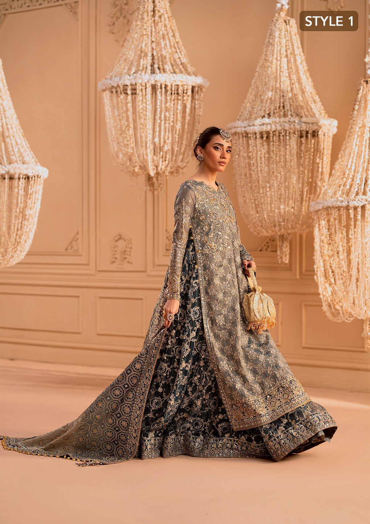 WEDDING FESTIVE 25 VOL. 1 - LOOK 06 Blue Teal SIDE SLIT SHIRT WITH CRUSHED FROCK,OPEN FRONT SHIRT WITH SKIRT For Wedding Events - Pakistani Designer Wear for Women in UK | Kifat