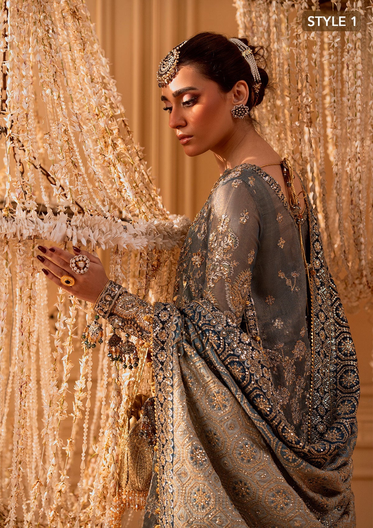 WEDDING FESTIVE 25 VOL. 1 - LOOK 06 Blue Teal SIDE SLIT SHIRT WITH CRUSHED FROCK,OPEN FRONT SHIRT WITH SKIRT For Wedding Events - Pakistani Designer Wear for Women in UK | Kifat