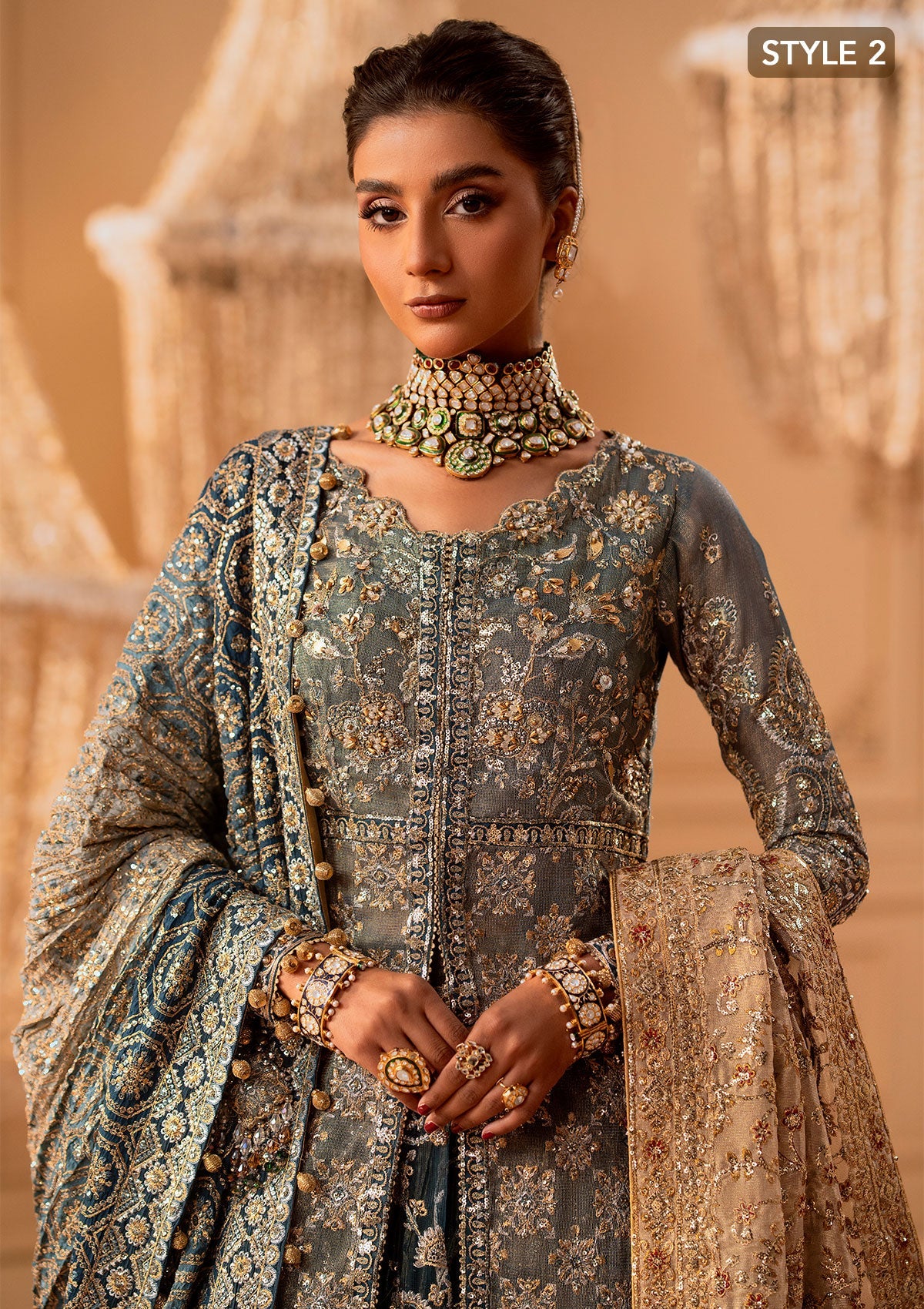 WEDDING FESTIVE 25 VOL. 1 - LOOK 06 Blue Teal SIDE SLIT SHIRT WITH CRUSHED FROCK,OPEN FRONT SHIRT WITH SKIRT For Wedding Events - Pakistani Designer Wear for Women in UK | Kifat