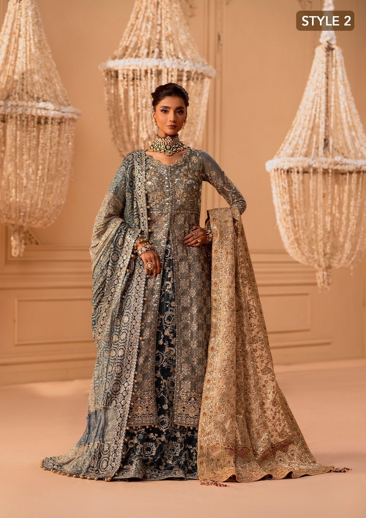 WEDDING FESTIVE 25 VOL. 1 - LOOK 06 Blue Teal SIDE SLIT SHIRT WITH CRUSHED FROCK,OPEN FRONT SHIRT WITH SKIRT For Wedding Events - Pakistani Designer Wear for Women in UK | Kifat