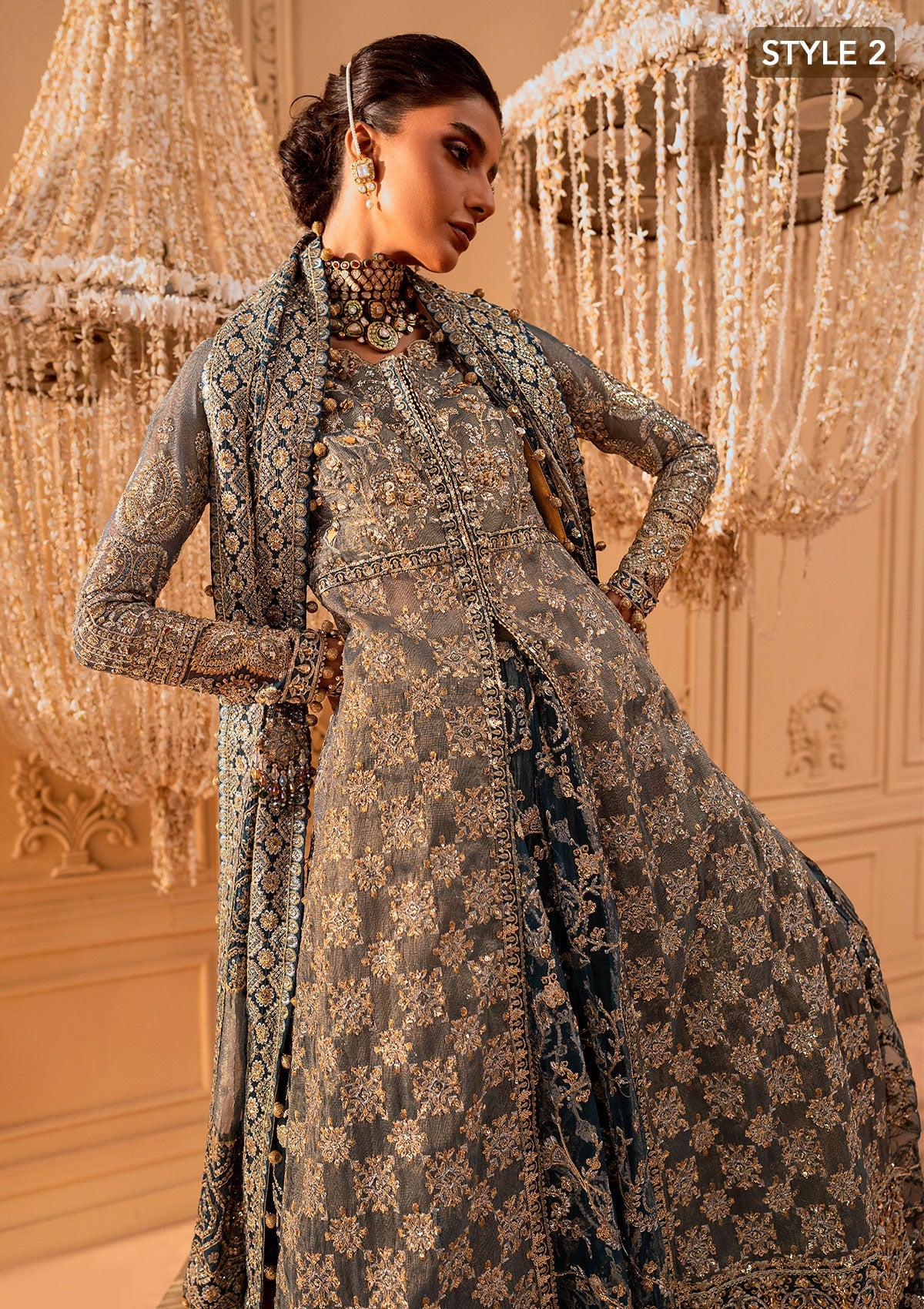 WEDDING FESTIVE 25 VOL. 1 - LOOK 06 Blue Teal SIDE SLIT SHIRT WITH CRUSHED FROCK,OPEN FRONT SHIRT WITH SKIRT For Wedding Events - Pakistani Designer Wear for Women in UK | Kifat