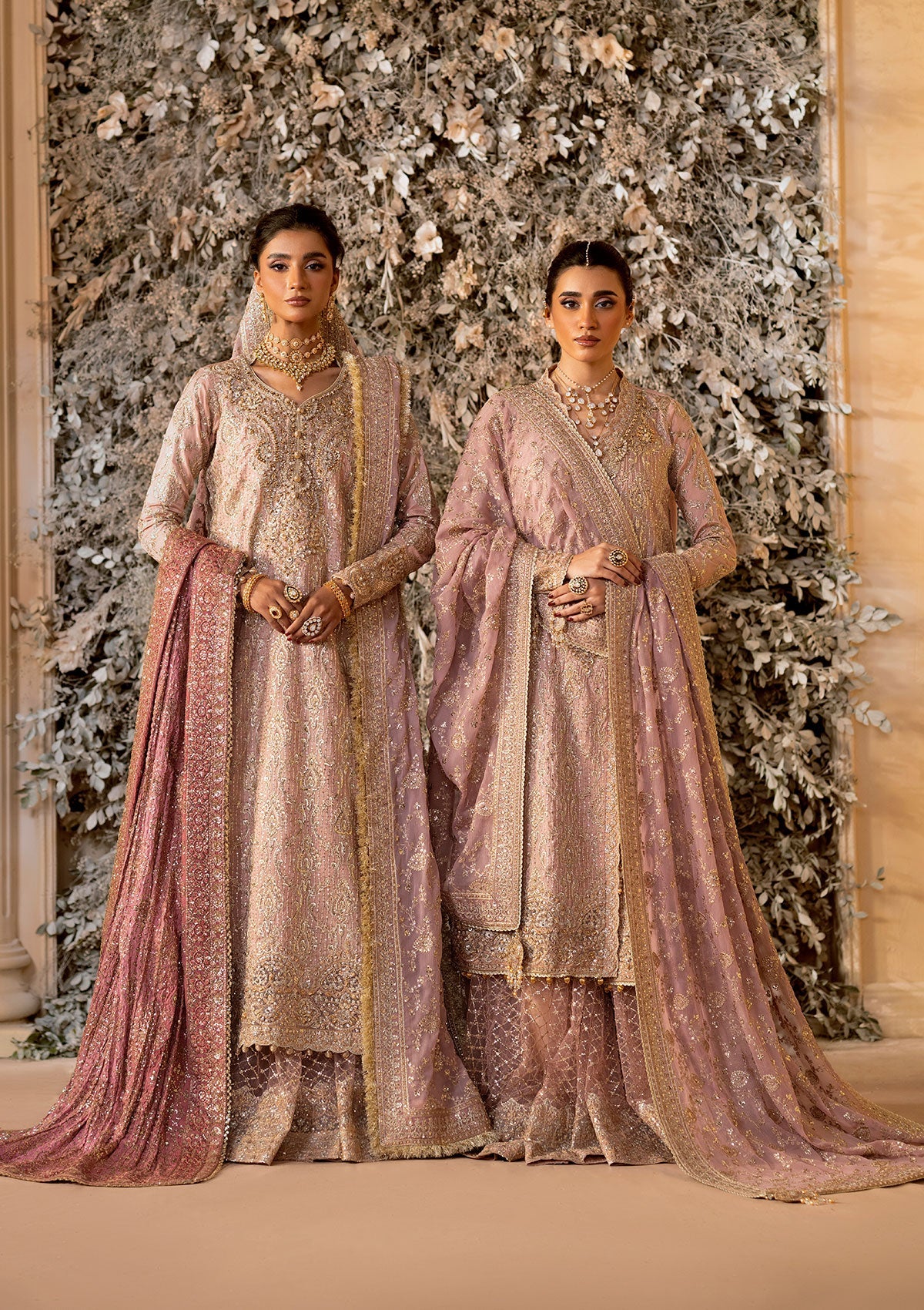 WEDDING FESTIVE 25 VOL. 1 - LOOK 07 Tea Pink ANGRAKHA WITH GHARARA,SIDE SLIT LONG SHIRT WITH CRUSHED FROCK For Wedding Events - Pakistani Designer Wear for Women in UK | Kifat