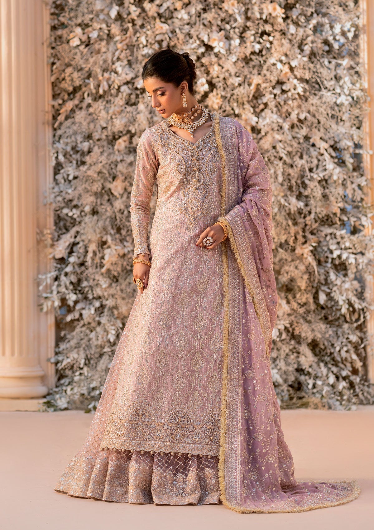 WEDDING FESTIVE 25 VOL. 1 - LOOK 07 Tea Pink ANGRAKHA WITH GHARARA,SIDE SLIT LONG SHIRT WITH CRUSHED FROCK For Wedding Events - Pakistani Designer Wear for Women in UK | Kifat