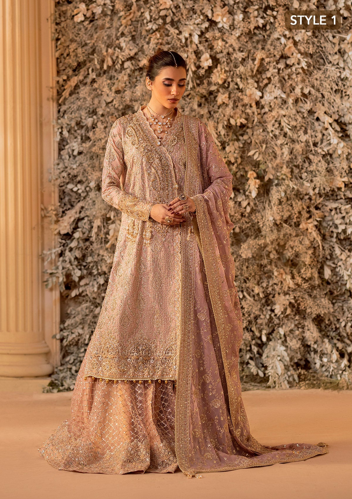 WEDDING FESTIVE 25 VOL. 1 - LOOK 07 Tea Pink ANGRAKHA WITH GHARARA,SIDE SLIT LONG SHIRT WITH CRUSHED FROCK For Wedding Events - Pakistani Designer Wear for Women in UK | Kifat