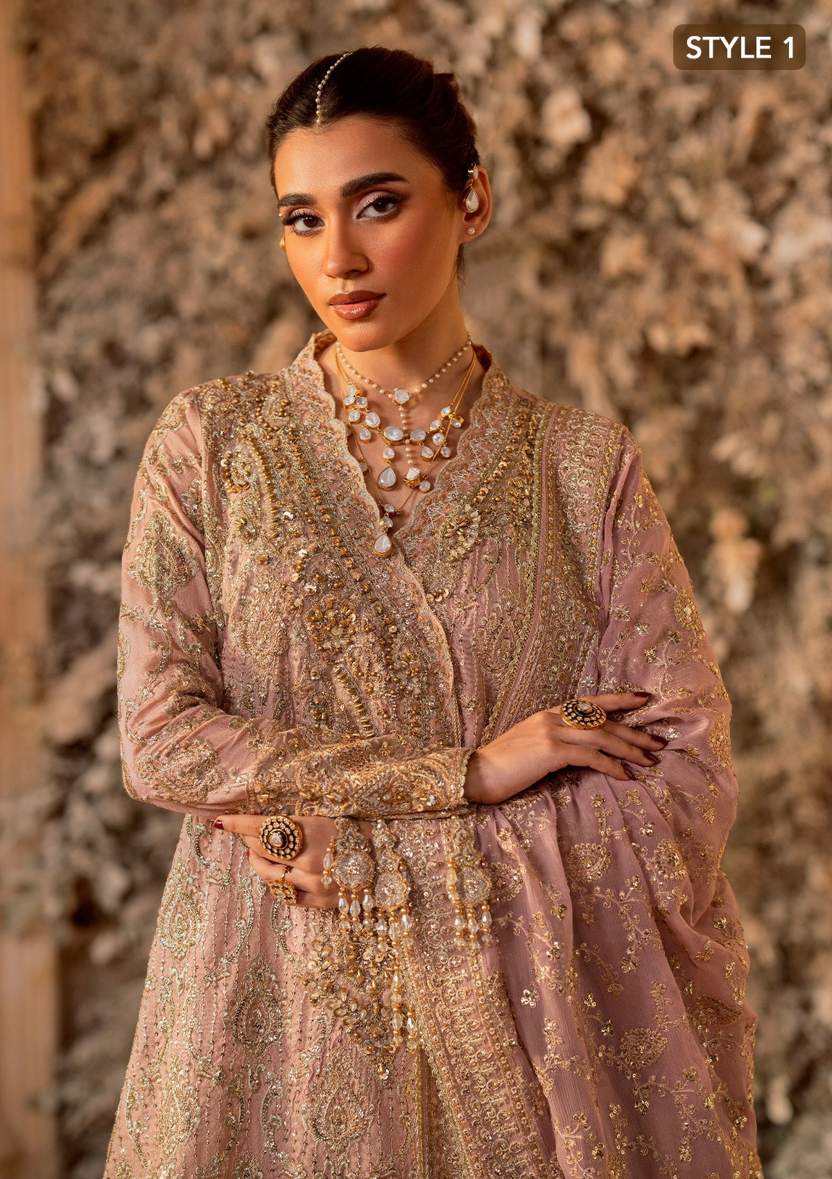 WEDDING FESTIVE 25 VOL. 1 - LOOK 07 Tea Pink ANGRAKHA WITH GHARARA,SIDE SLIT LONG SHIRT WITH CRUSHED FROCK For Wedding Events - Pakistani Designer Wear for Women in UK | Kifat