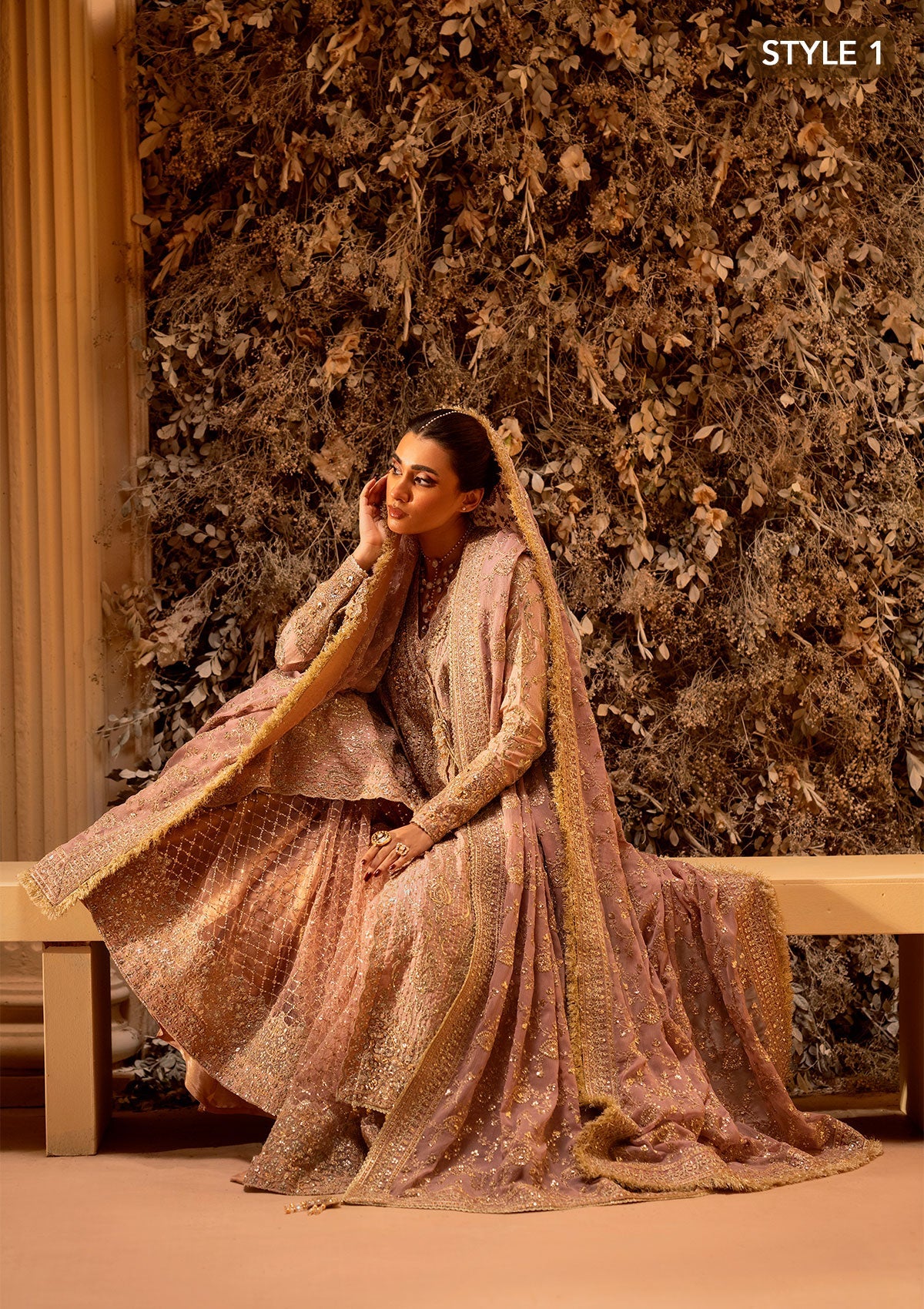 WEDDING FESTIVE 25 VOL. 1 - LOOK 07 Tea Pink ANGRAKHA WITH GHARARA,SIDE SLIT LONG SHIRT WITH CRUSHED FROCK For Wedding Events - Pakistani Designer Wear for Women in UK | Kifat