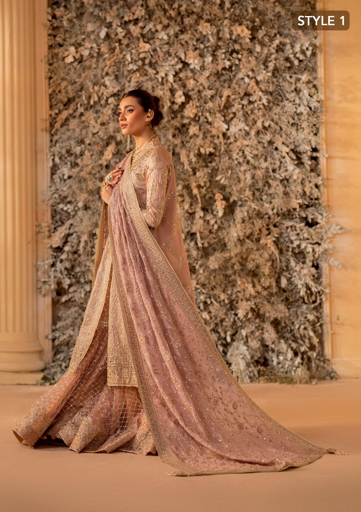 WEDDING FESTIVE 25 VOL. 1 - LOOK 07 Tea Pink ANGRAKHA WITH GHARARA,SIDE SLIT LONG SHIRT WITH CRUSHED FROCK For Wedding Events - Pakistani Designer Wear for Women in UK | Kifat