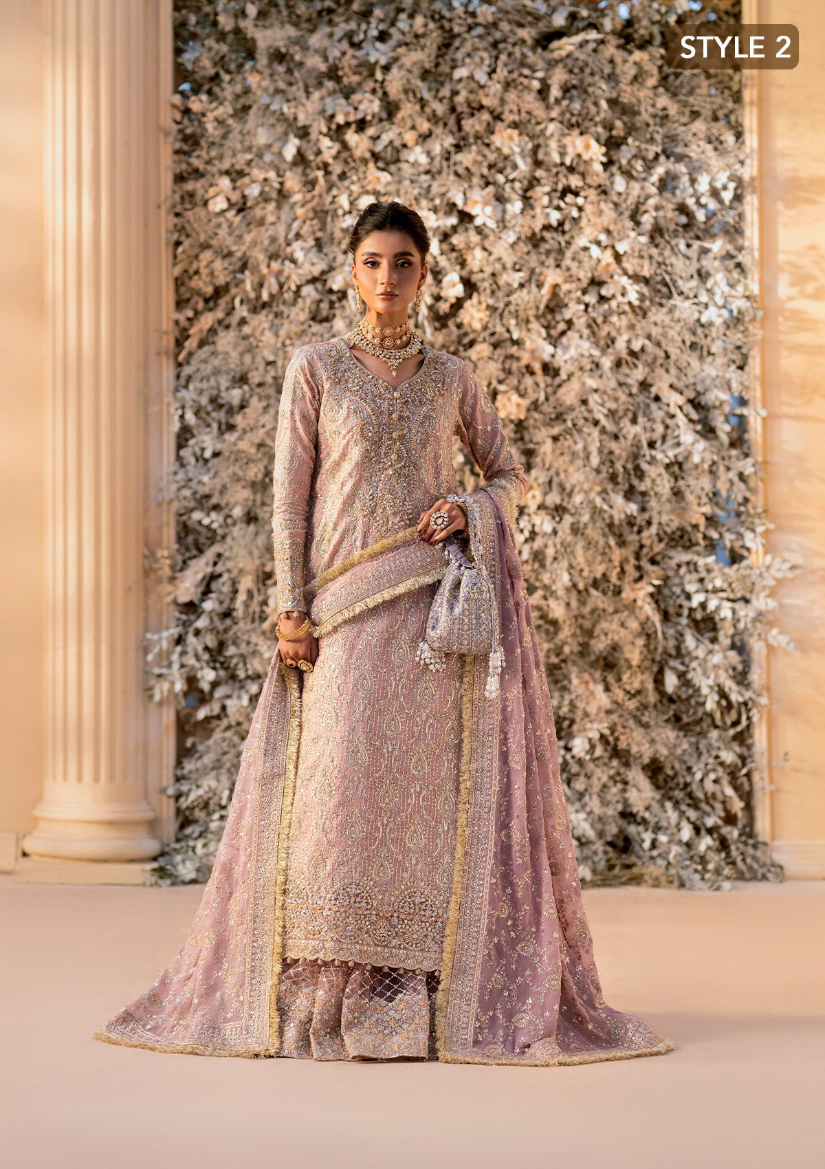 WEDDING FESTIVE 25 VOL. 1 - LOOK 07 Tea Pink ANGRAKHA WITH GHARARA,SIDE SLIT LONG SHIRT WITH CRUSHED FROCK For Wedding Events - Pakistani Designer Wear for Women in UK | Kifat
