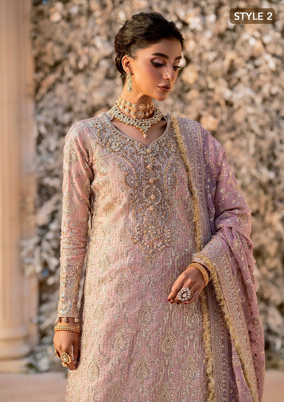 WEDDING FESTIVE 25 VOL. 1 - LOOK 07 Tea Pink ANGRAKHA WITH GHARARA,SIDE SLIT LONG SHIRT WITH CRUSHED FROCK For Wedding Events - Pakistani Designer Wear for Women in UK | Kifat