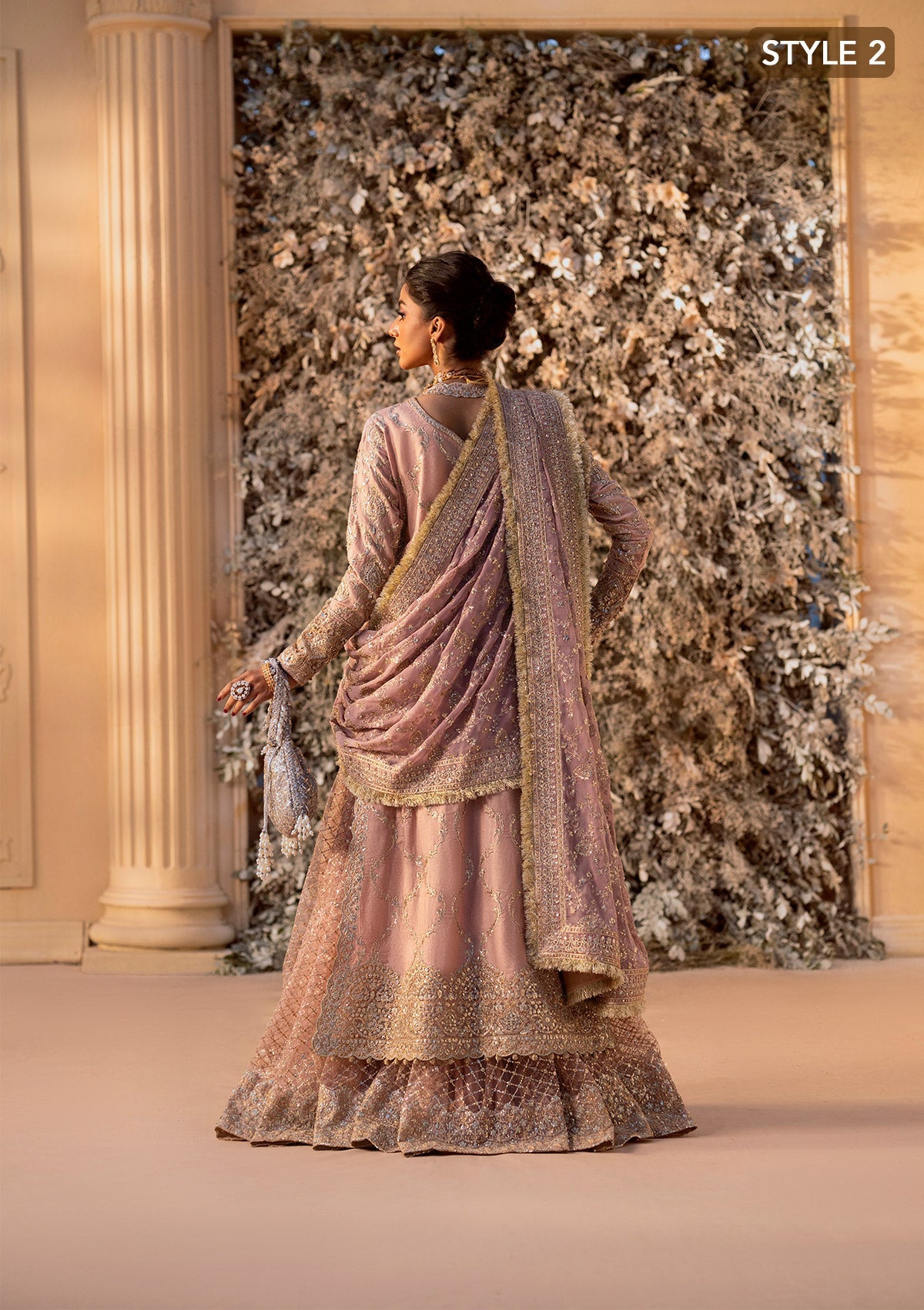 WEDDING FESTIVE 25 VOL. 1 - LOOK 07 Tea Pink ANGRAKHA WITH GHARARA,SIDE SLIT LONG SHIRT WITH CRUSHED FROCK For Wedding Events - Pakistani Designer Wear for Women in UK | Kifat