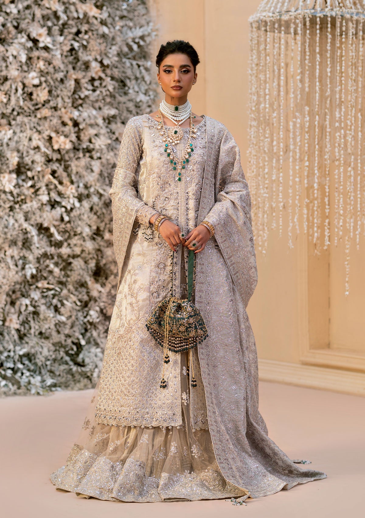 WEDDING FESTIVE 25 VOL. 1 - LOOK 09 Ivory OPEN FRONT SHIRT WITH CRUSHED SKIRT,SIDE SLIT OPEN SHIRT WITH CRUSHED FROCK For Wedding Events - Pakistani Designer Wear for Women in UK | Kifat