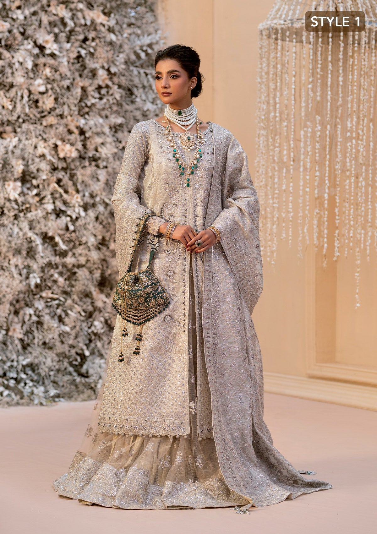 WEDDING FESTIVE 25 VOL. 1 - LOOK 09 Ivory OPEN FRONT SHIRT WITH CRUSHED SKIRT,SIDE SLIT OPEN SHIRT WITH CRUSHED FROCK For Wedding Events - Pakistani Designer Wear for Women in UK | Kifat