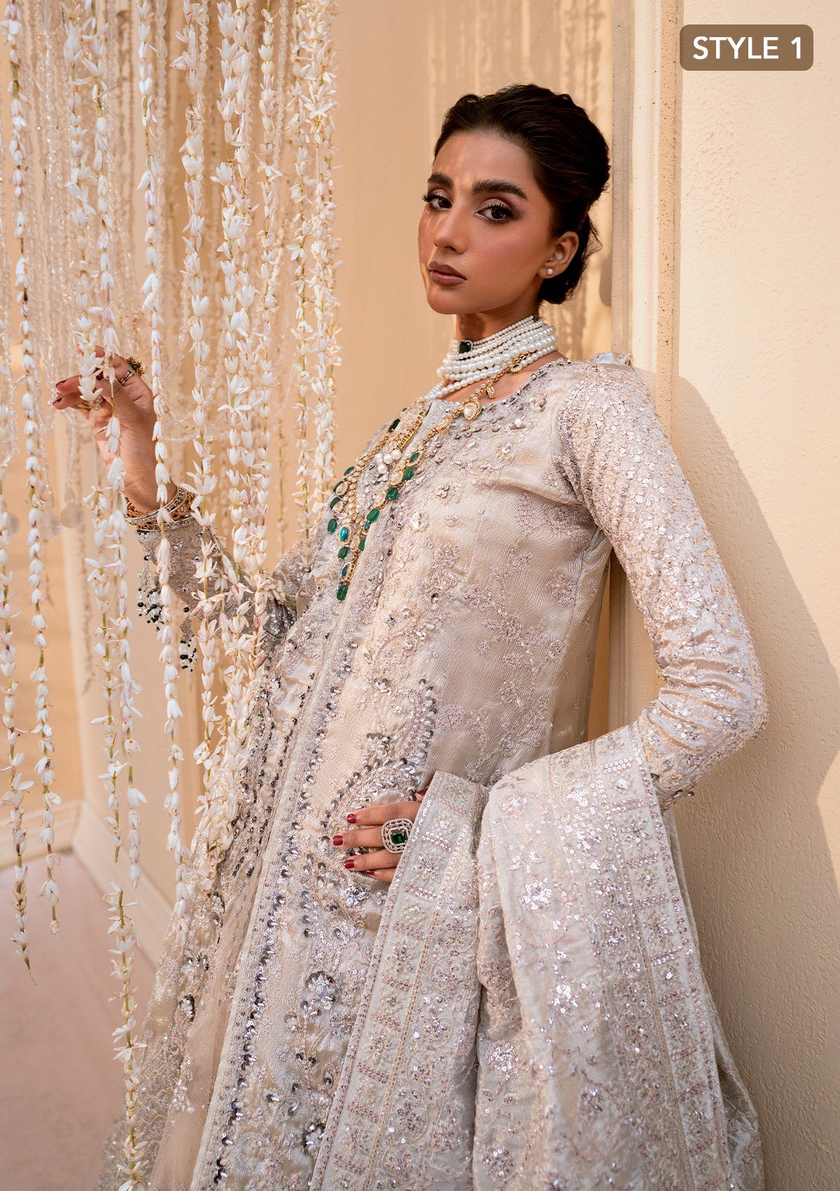 WEDDING FESTIVE 25 VOL. 1 - LOOK 09 Ivory OPEN FRONT SHIRT WITH CRUSHED SKIRT,SIDE SLIT OPEN SHIRT WITH CRUSHED FROCK For Wedding Events - Pakistani Designer Wear for Women in UK | Kifat