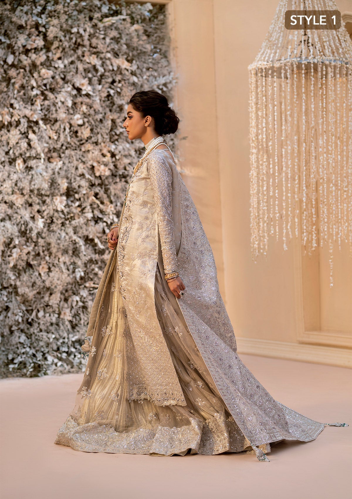 WEDDING FESTIVE 25 VOL. 1 - LOOK 09 Ivory OPEN FRONT SHIRT WITH CRUSHED SKIRT,SIDE SLIT OPEN SHIRT WITH CRUSHED FROCK For Wedding Events - Pakistani Designer Wear for Women in UK | Kifat