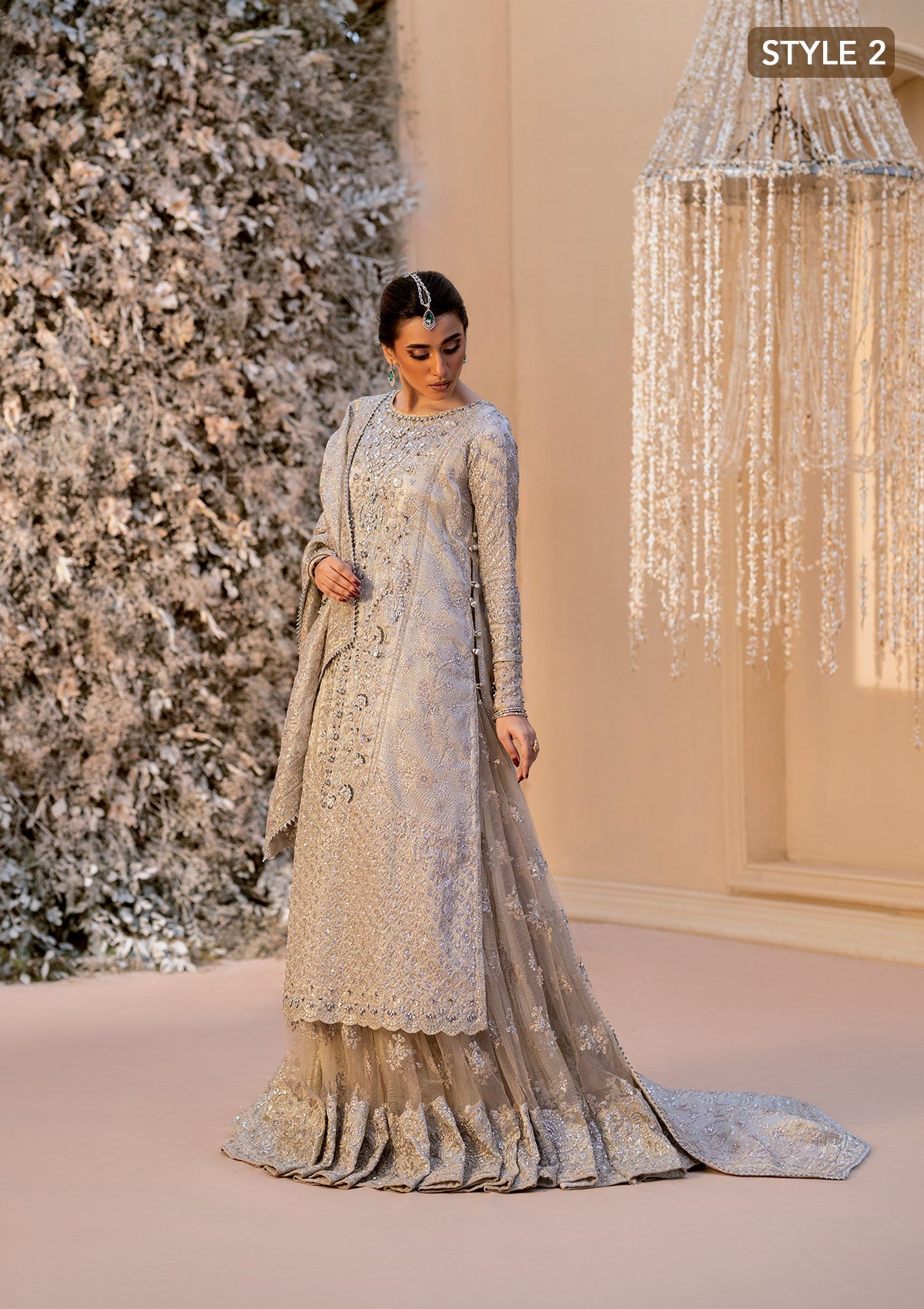 WEDDING FESTIVE 25 VOL. 1 - LOOK 09 Ivory OPEN FRONT SHIRT WITH CRUSHED SKIRT,SIDE SLIT OPEN SHIRT WITH CRUSHED FROCK For Wedding Events - Pakistani Designer Wear for Women in UK | Kifat
