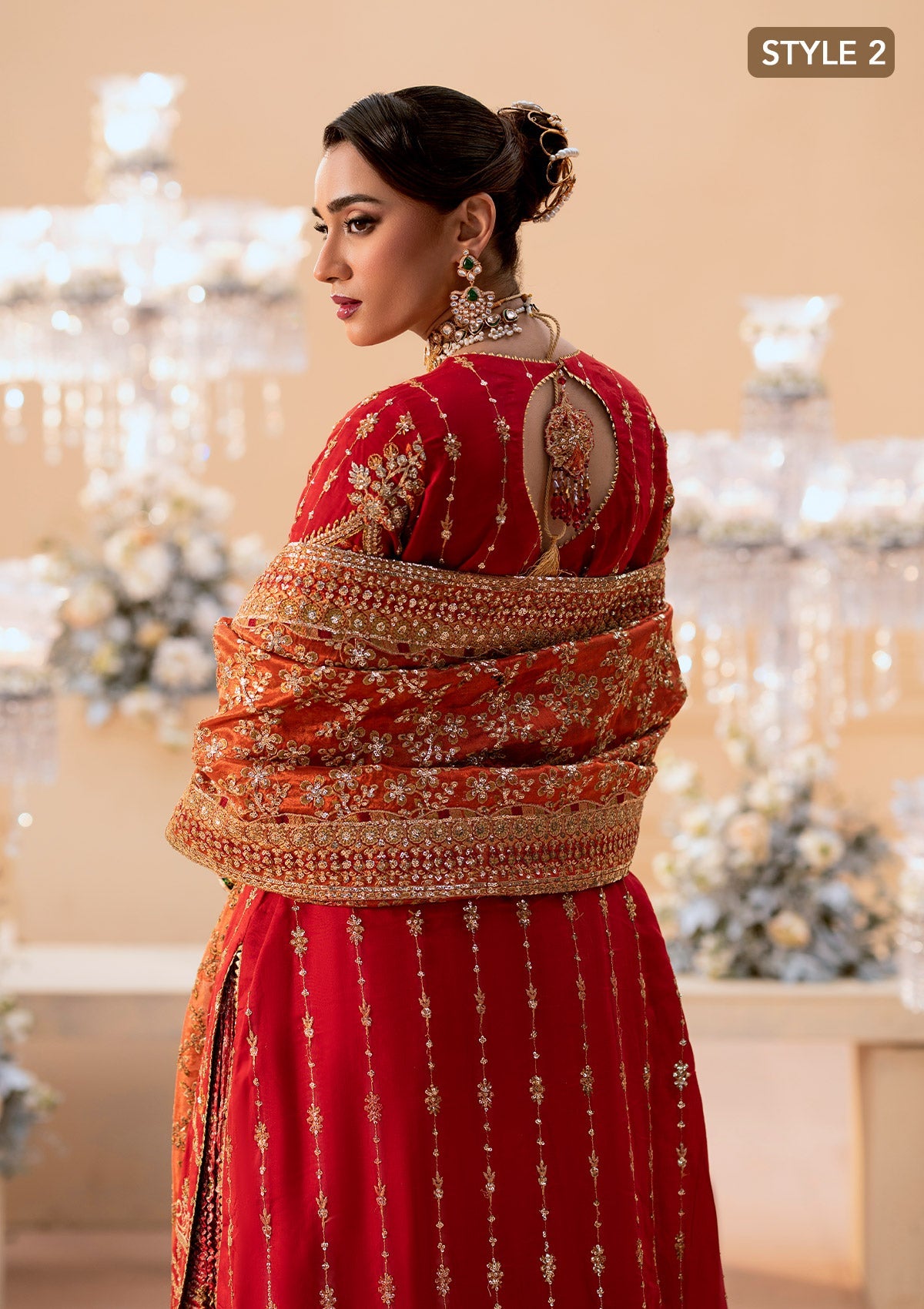 WEDDING FESTIVE 25 VOL. 1 - LOOK 01 Red LONG SHIRT WITH FARSHI GHARARA,LONG SHIRT WITH CRUSHED GHARARA For Wedding Events - Pakistani Designer Wear for Women in UK | Kifat