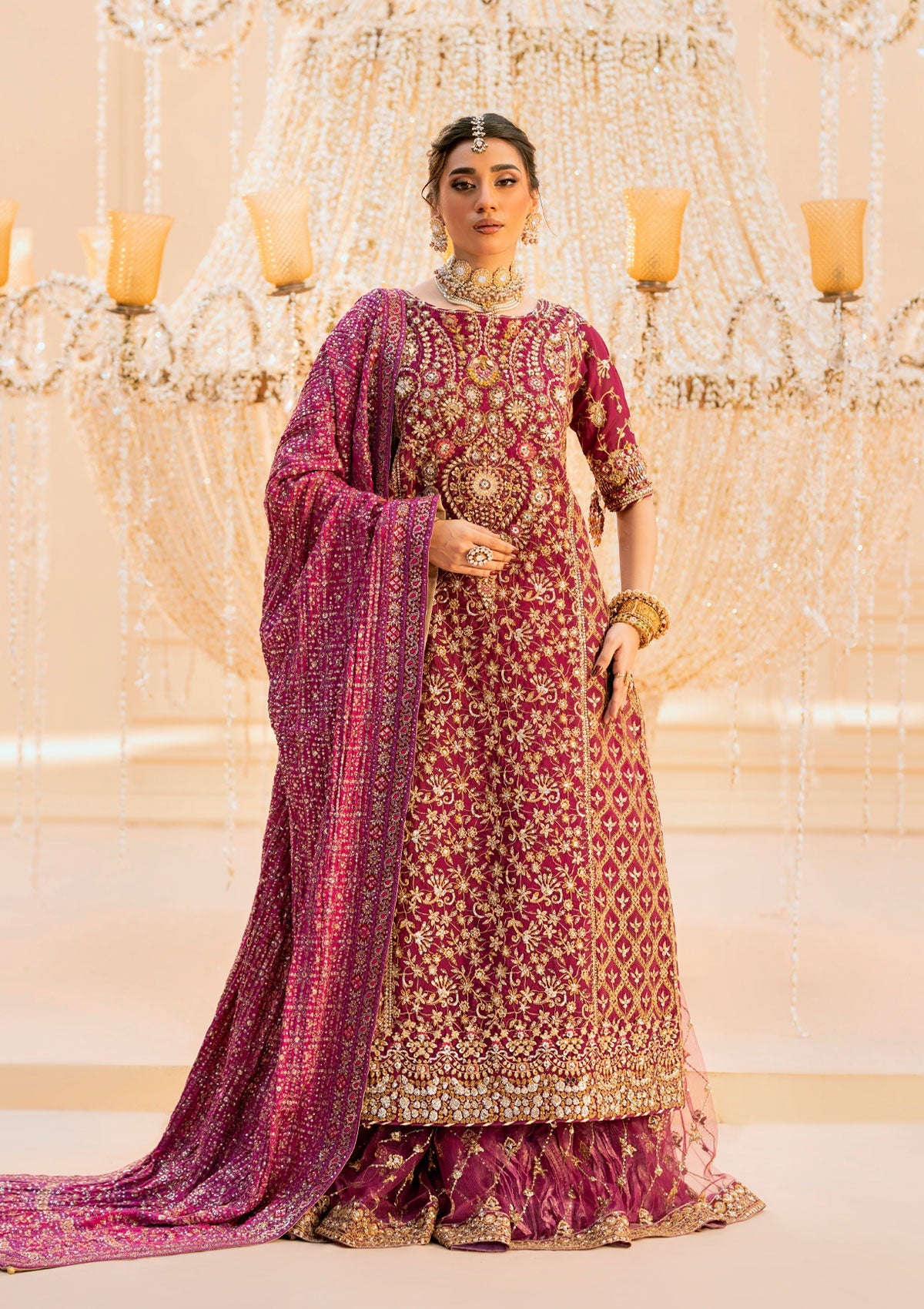 WEDDING FESTIVE 25 VOL. 1 - LOOK 10 Magenta LONG SHIRT WITH CRUSHED SKIRT,LONG SHIRT WITH CRUSHED GHARARA For Wedding Events - Pakistani Designer Wear for Women in UK | Kifat
