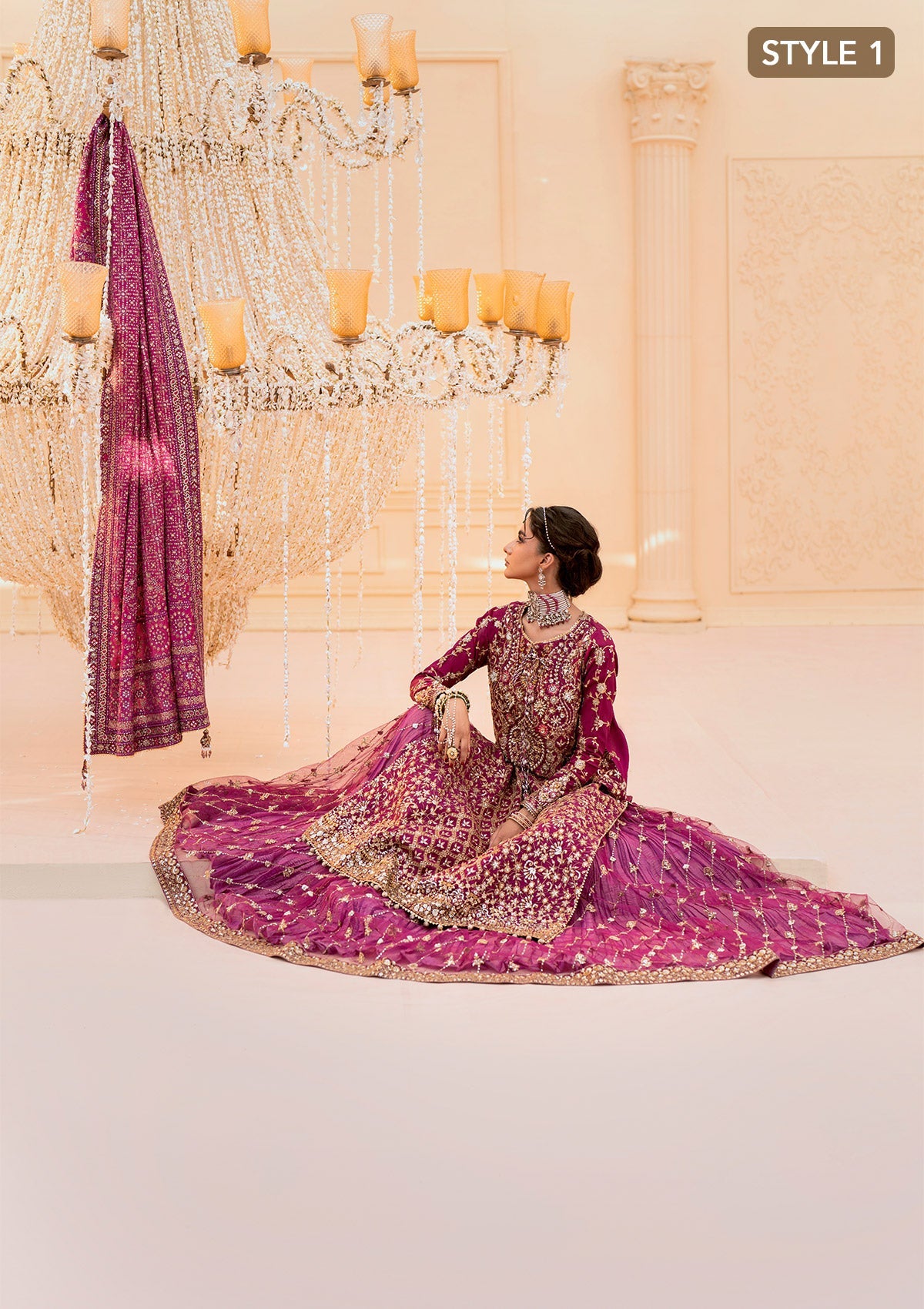 WEDDING FESTIVE 25 VOL. 1 - LOOK 10 Magenta LONG SHIRT WITH CRUSHED SKIRT,LONG SHIRT WITH CRUSHED GHARARA For Wedding Events - Pakistani Designer Wear for Women in UK | Kifat