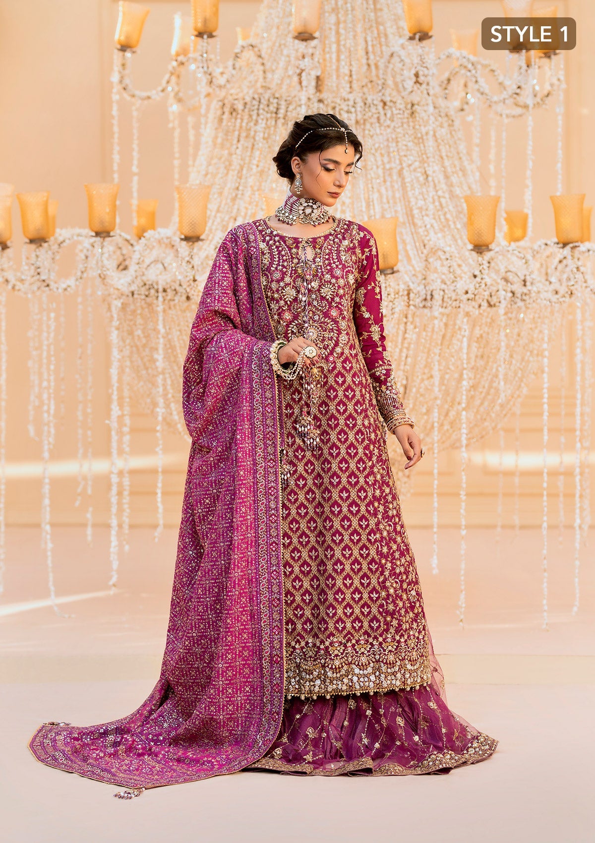 WEDDING FESTIVE 25 VOL. 1 - LOOK 10 Magenta LONG SHIRT WITH CRUSHED SKIRT,LONG SHIRT WITH CRUSHED GHARARA For Wedding Events - Pakistani Designer Wear for Women in UK | Kifat