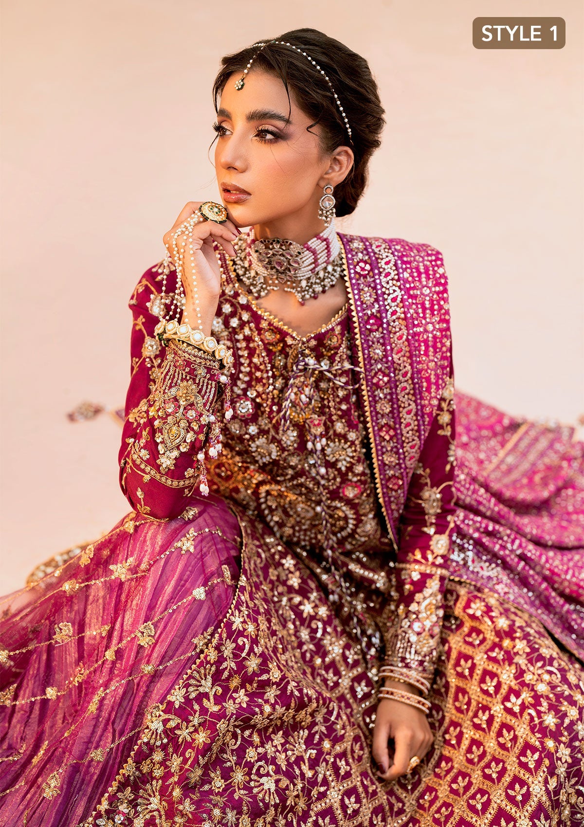 WEDDING FESTIVE 25 VOL. 1 - LOOK 10 Magenta LONG SHIRT WITH CRUSHED SKIRT,LONG SHIRT WITH CRUSHED GHARARA For Wedding Events - Pakistani Designer Wear for Women in UK | Kifat