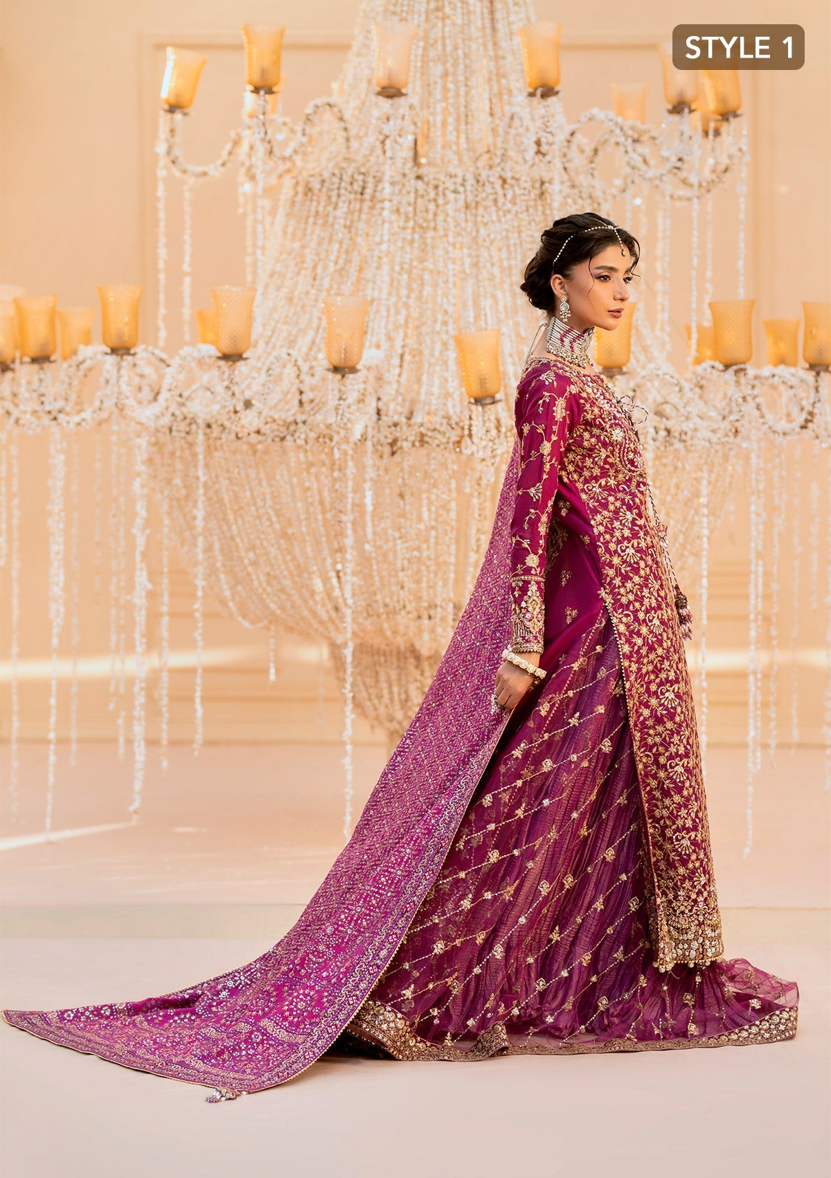 WEDDING FESTIVE 25 VOL. 1 - LOOK 10 Magenta LONG SHIRT WITH CRUSHED SKIRT,LONG SHIRT WITH CRUSHED GHARARA For Wedding Events - Pakistani Designer Wear for Women in UK | Kifat