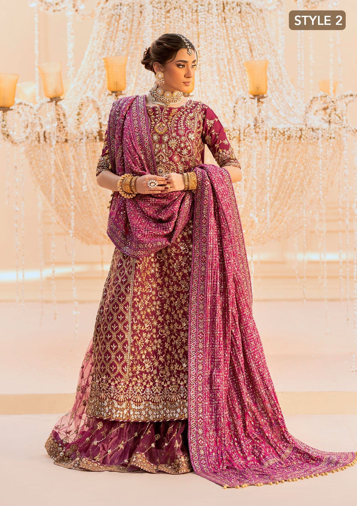 WEDDING FESTIVE 25 VOL. 1 - LOOK 10 Magenta LONG SHIRT WITH CRUSHED SKIRT,LONG SHIRT WITH CRUSHED GHARARA For Wedding Events - Pakistani Designer Wear for Women in UK | Kifat