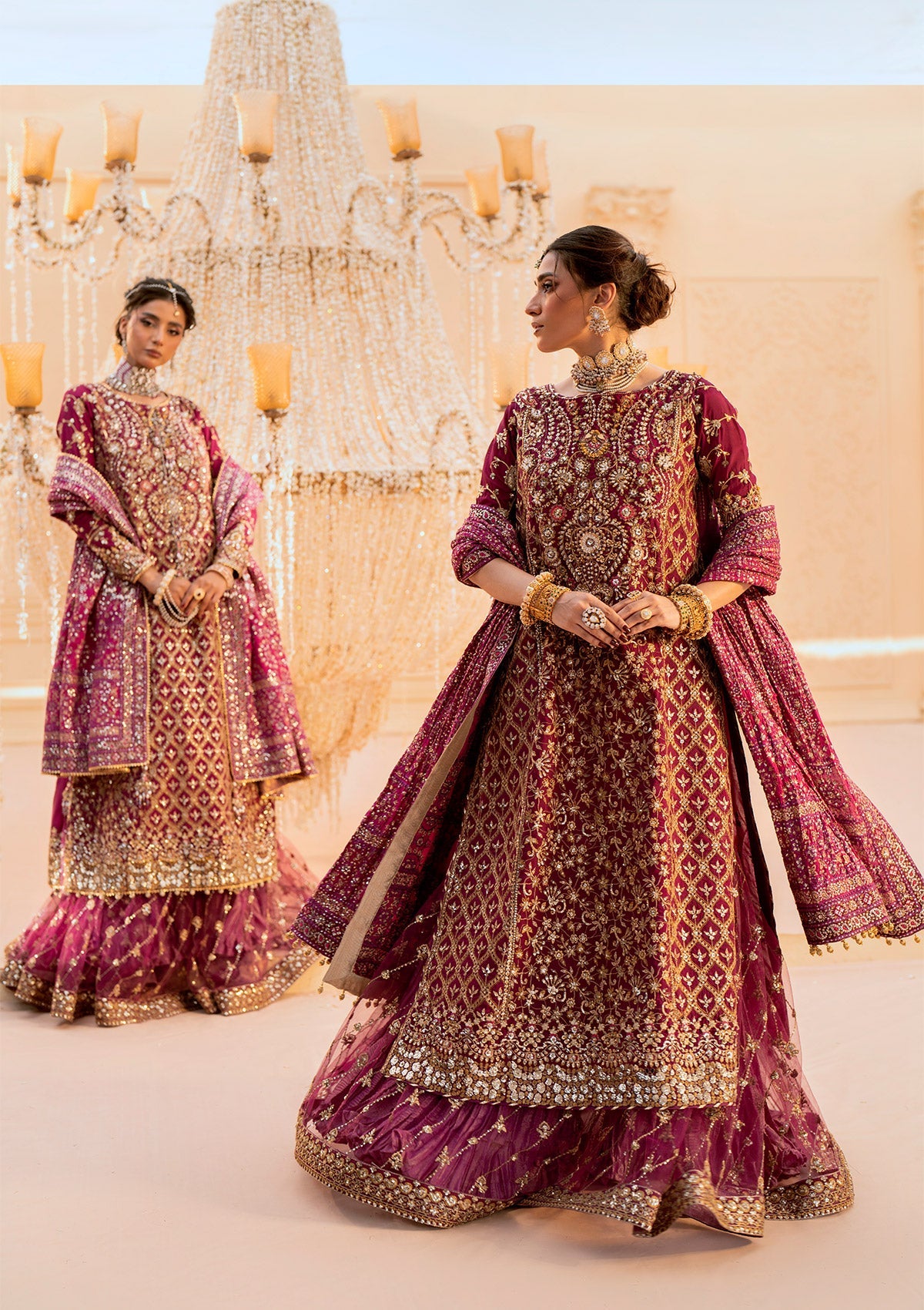 WEDDING FESTIVE 25 VOL. 1 - LOOK 10 Magenta LONG SHIRT WITH CRUSHED SKIRT,LONG SHIRT WITH CRUSHED GHARARA For Wedding Events - Pakistani Designer Wear for Women in UK | Kifat