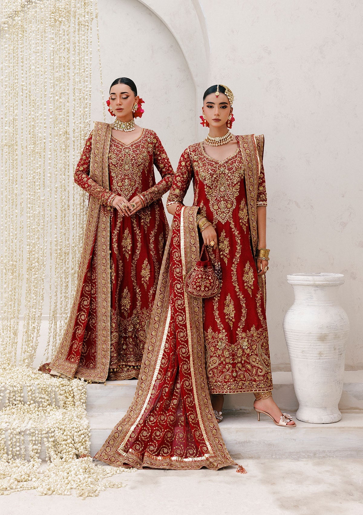 WEDDING FESTIVE 25 VOL. 2 - LOOK 01 Red LONG SHIRT WITH FARSHI GHARARA,HYDERABADI SHIRT WITH CHURI PYJAMA For Wedding Events - Pakistani Designer Wear for Women in UK | Kifat