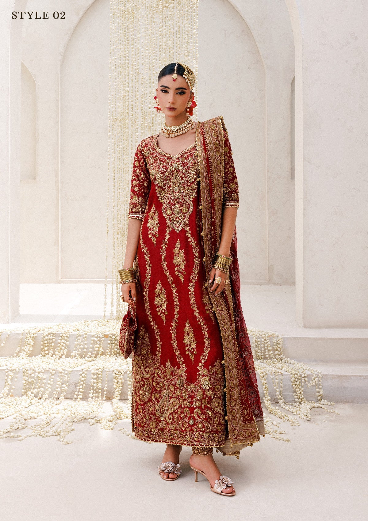 WEDDING FESTIVE 25 VOL. 2 - LOOK 01 Red LONG SHIRT WITH FARSHI GHARARA,HYDERABADI SHIRT WITH CHURI PYJAMA For Wedding Events - Pakistani Designer Wear for Women in UK | Kifat