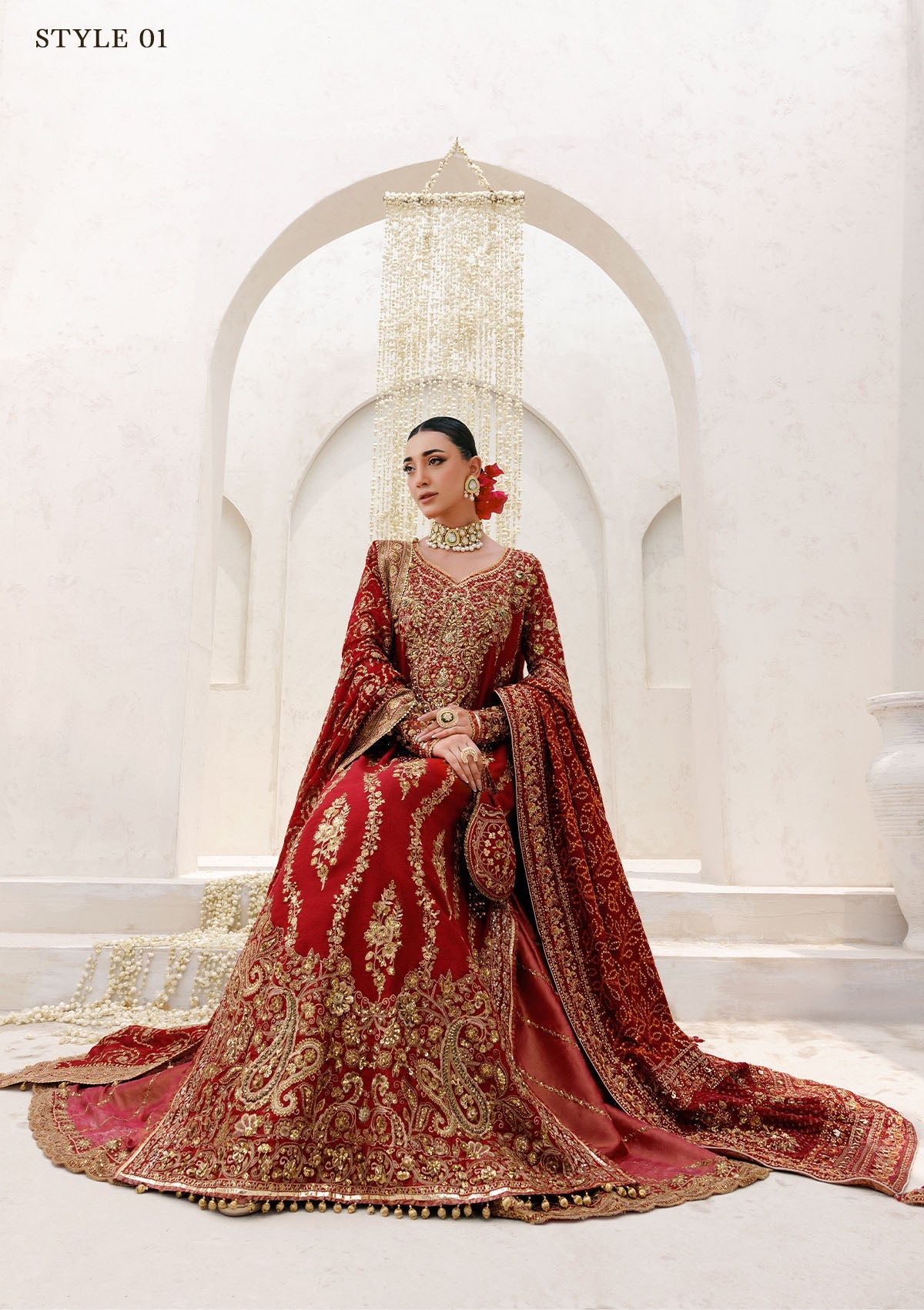 WEDDING FESTIVE 25 VOL. 2 - LOOK 01 Red LONG SHIRT WITH FARSHI GHARARA,HYDERABADI SHIRT WITH CHURI PYJAMA For Wedding Events - Pakistani Designer Wear for Women in UK | Kifat