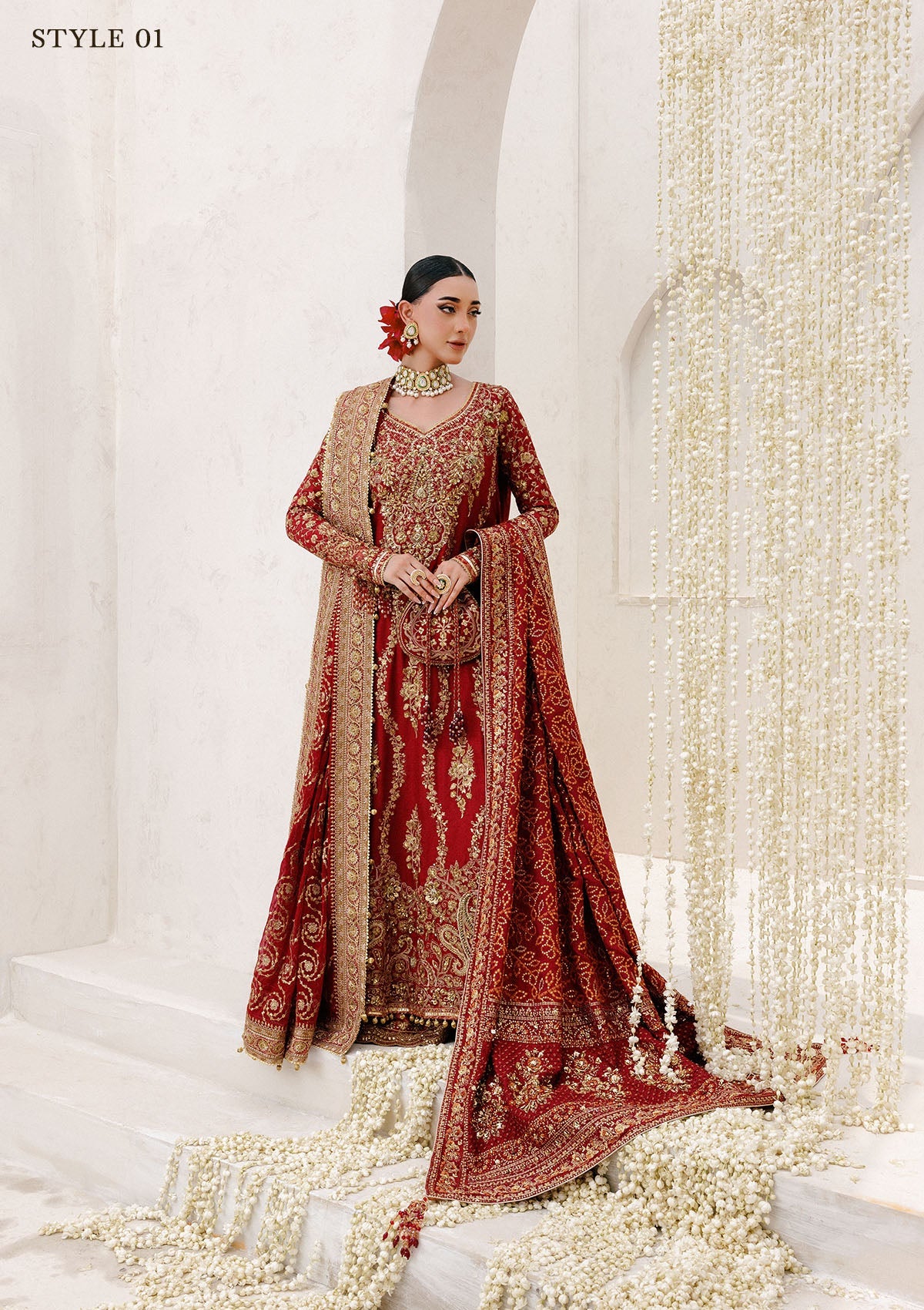WEDDING FESTIVE 25 VOL. 2 - LOOK 01 Red LONG SHIRT WITH FARSHI GHARARA,HYDERABADI SHIRT WITH CHURI PYJAMA For Wedding Events - Pakistani Designer Wear for Women in UK | Kifat