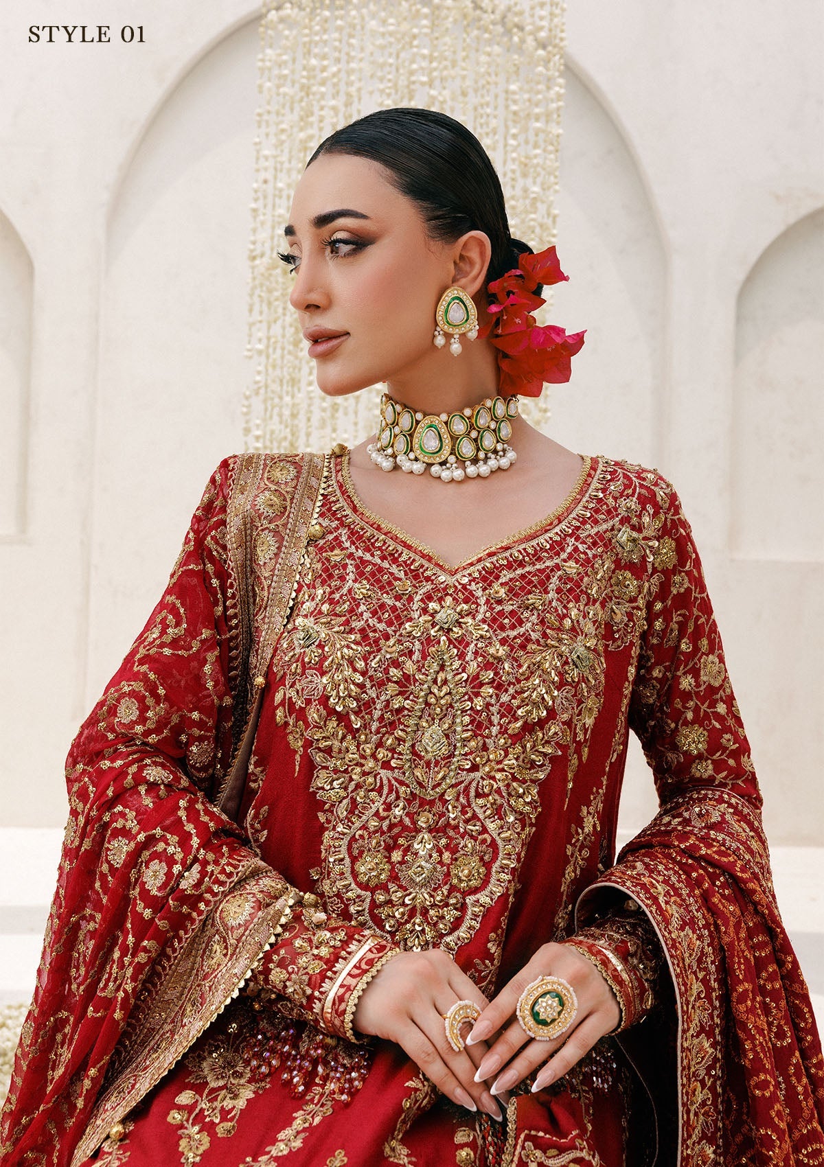 WEDDING FESTIVE 25 VOL. 2 - LOOK 01 Red LONG SHIRT WITH FARSHI GHARARA,HYDERABADI SHIRT WITH CHURI PYJAMA For Wedding Events - Pakistani Designer Wear for Women in UK | Kifat